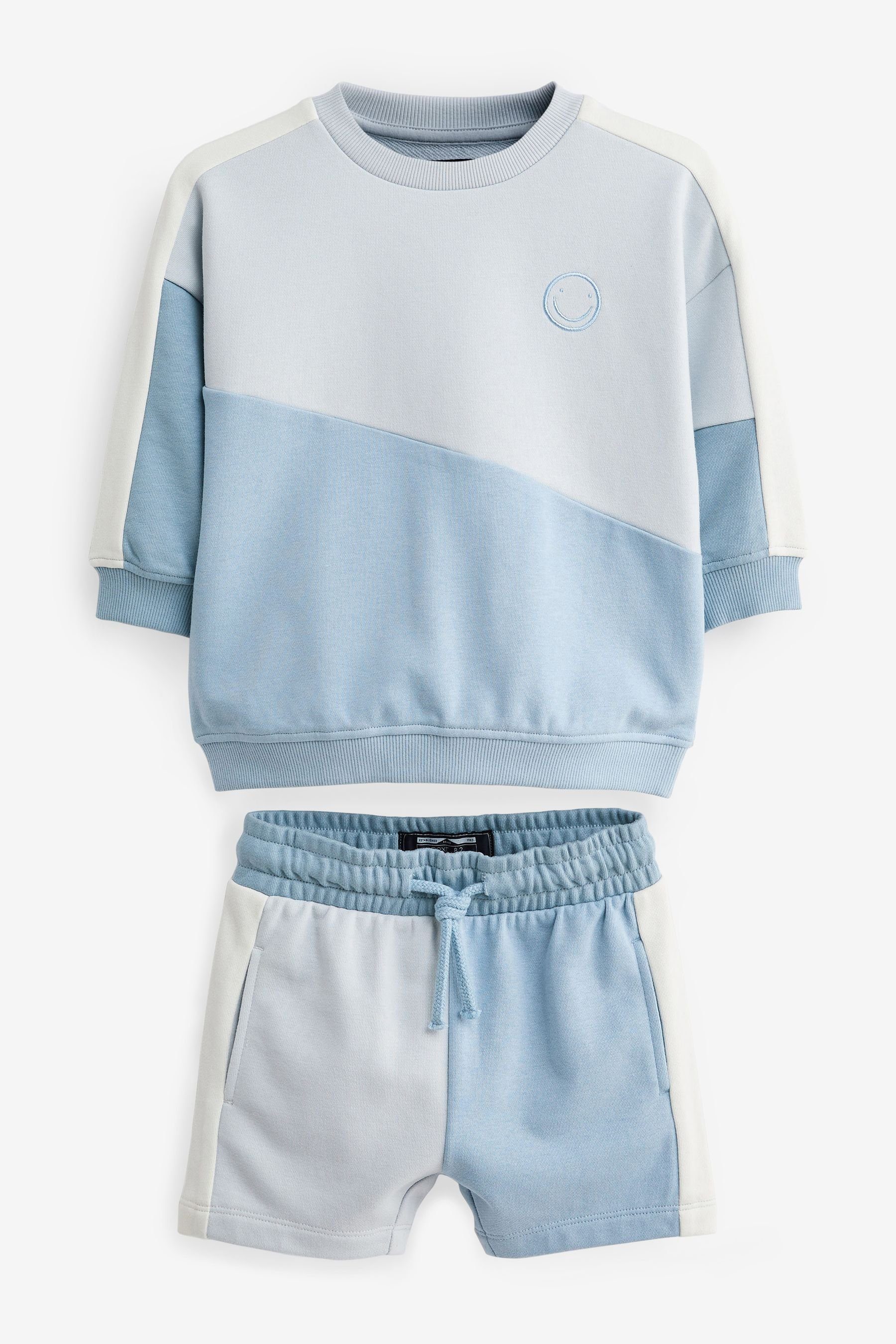 Next Sweatanzug Light Blue im (2-tlg) Set Blockfarben-Sweatshirt Shorts und