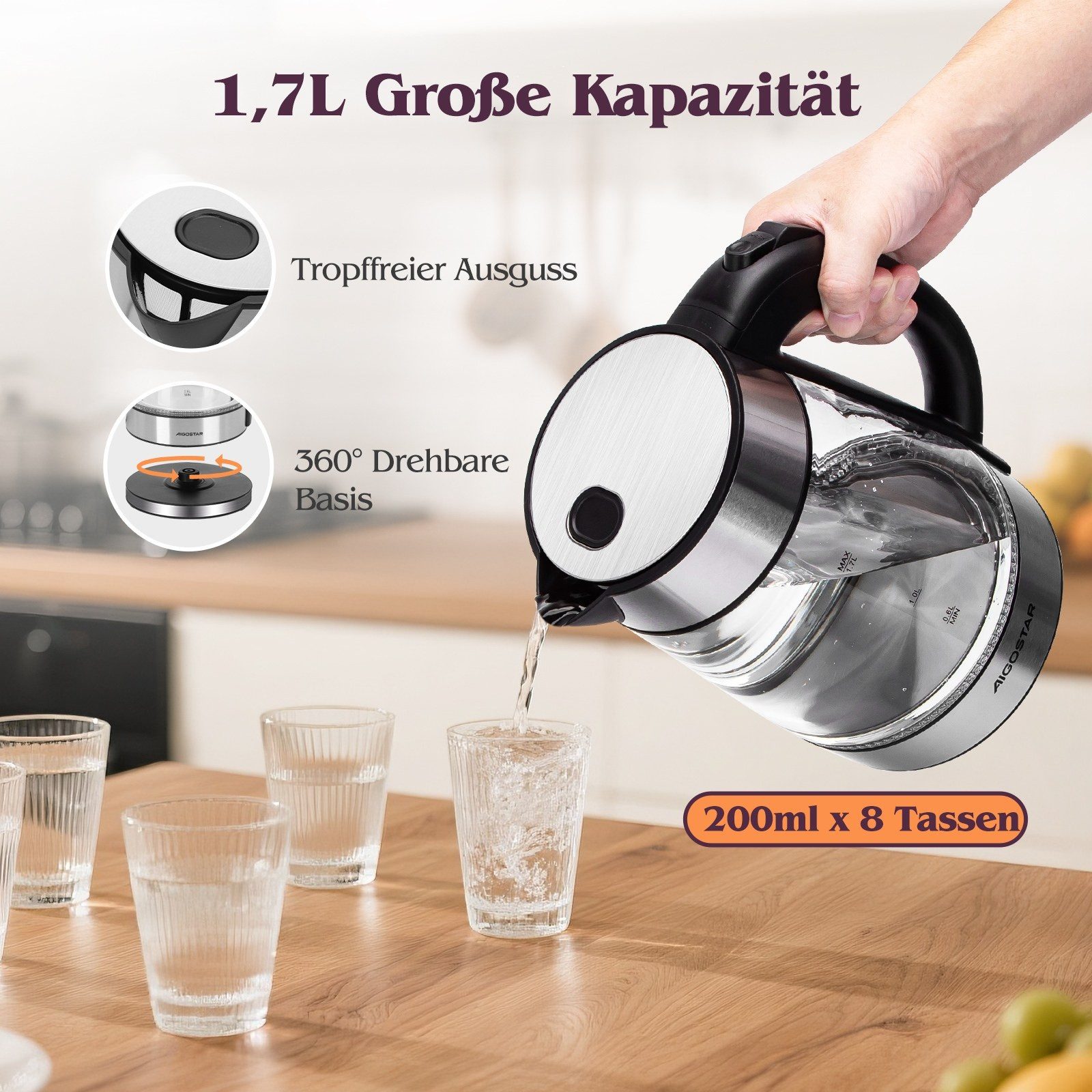 Aigostar Wasserkocher Chubby - Glaswasserkocher mit LED Beleuchtung, Auto-off, BPA frei, 1.7 l, 2200,00 W, Edelstahl – Bild 4 von 5