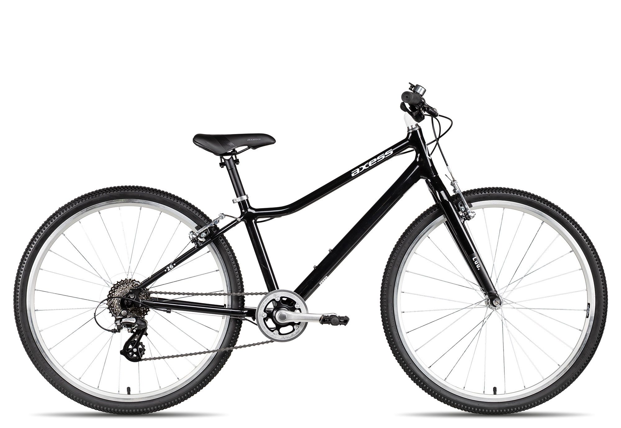 Axess Kinderfahrrad Axess LUU. 26, 8 Gang Shimano Altus RD-M310-L Schaltwerk, Kettenschaltung, leichter Aluminiumrahmen schwarz/grau