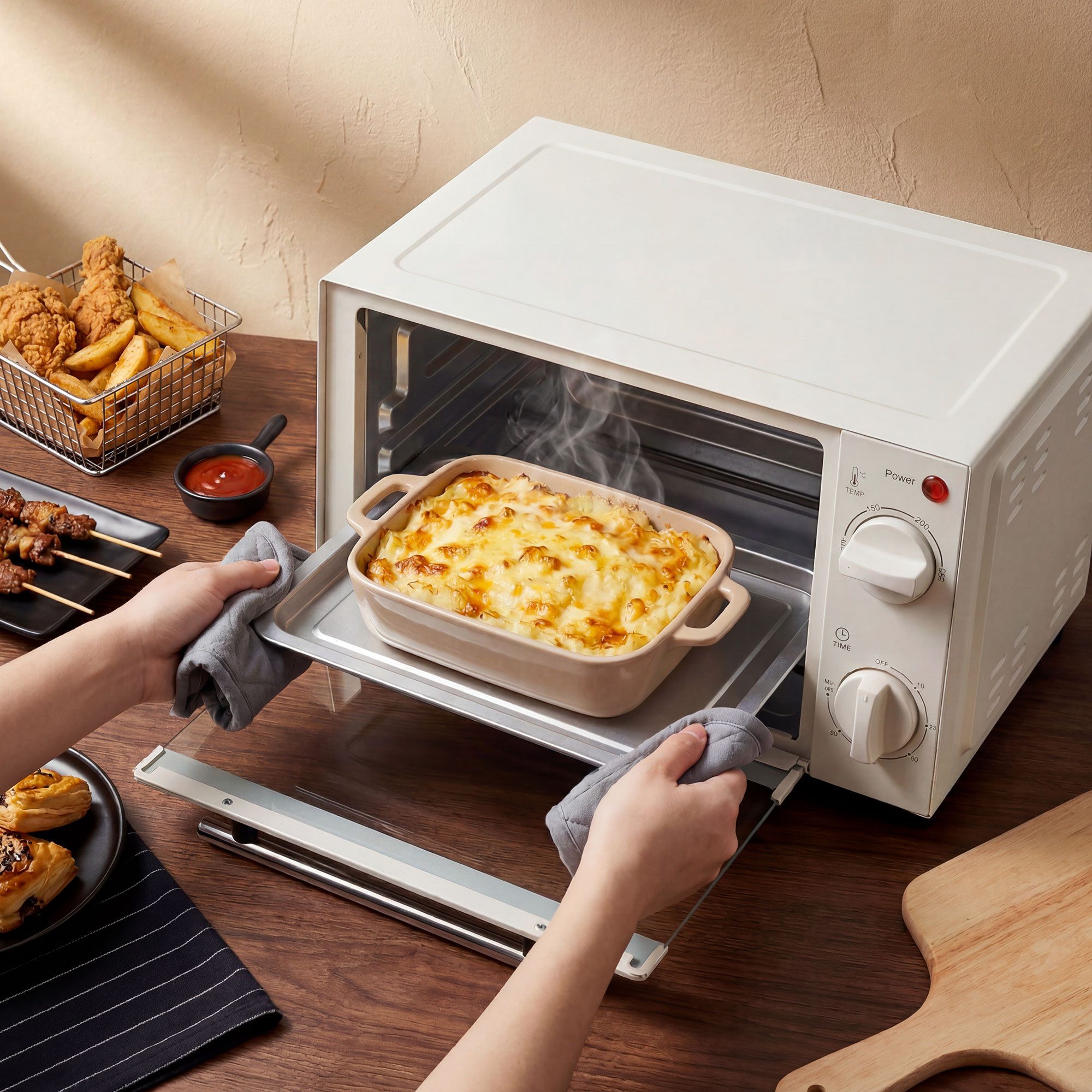 HOMCOM Minibackofen Backofen 10 L 750W 100-230℃ mit Backblech Pizza-Ofen, zum Grillen, Backen, Toasten, Cremeweiß