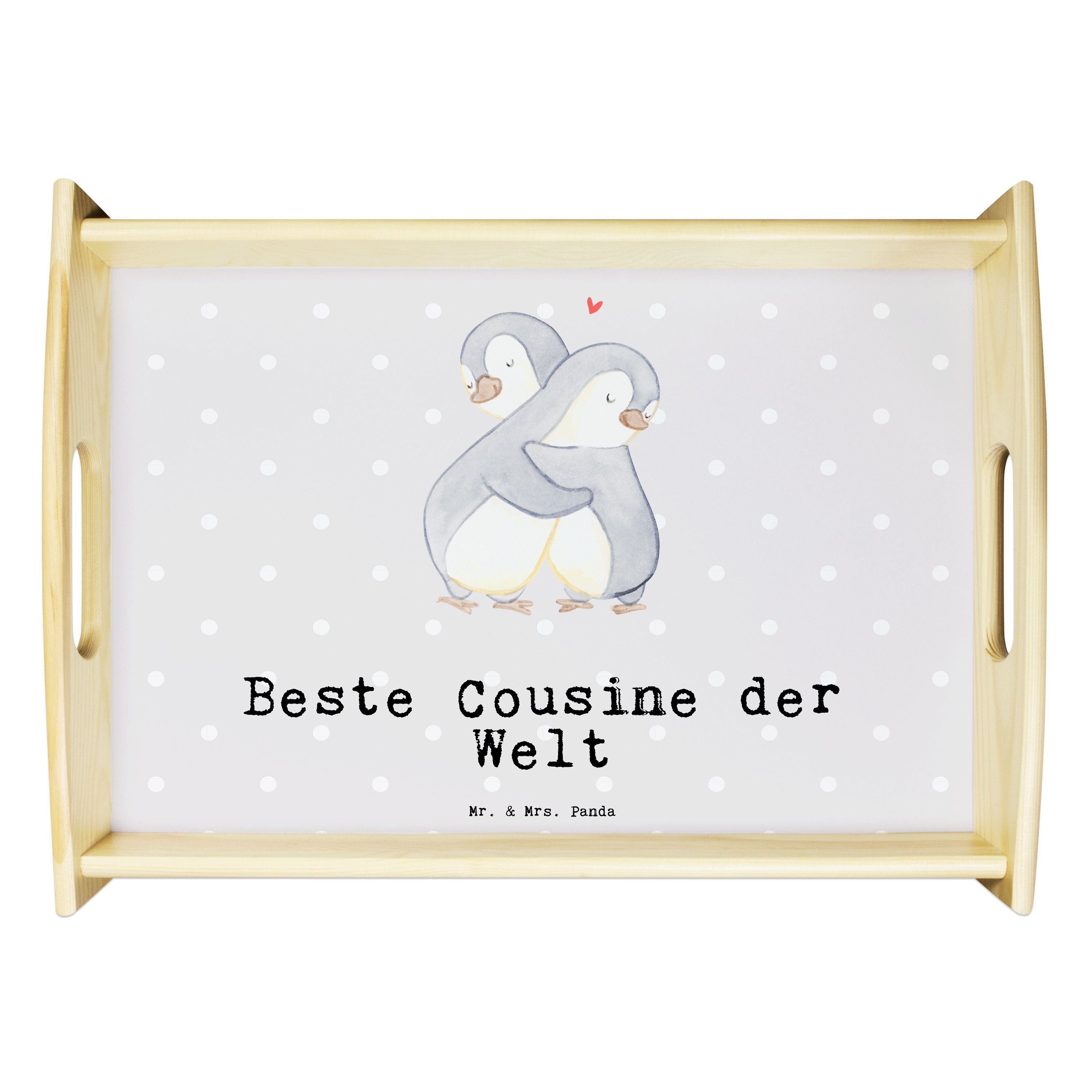 Mr. & Mrs. Panda Tablett Pinguin Beste Cousine der Welt - Grau Pastell - Geschenk, Frühstückst, Echtholz lasiert, (1-tlg)