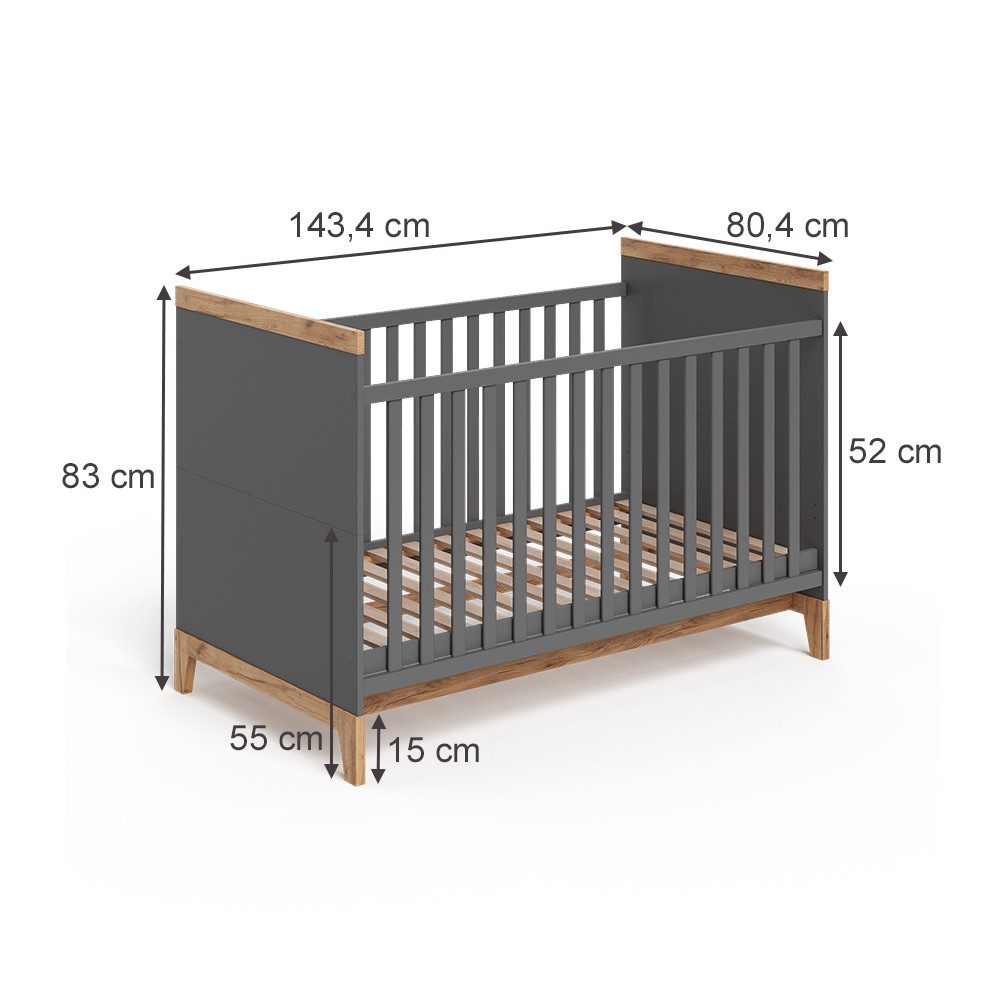 VitaliSpa® Babybett Malia, Grau/Artisan, 70x140 cm mit Matratze, 2-tlg.