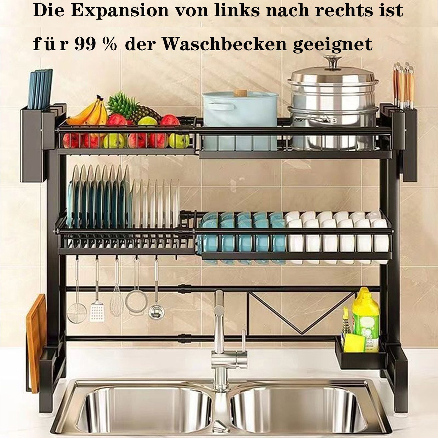 Rutaqian Geschirrständer Abtropfgestell für die Spüle, 2 Ebenen verstellbare Länge (60–100 cm), Küchentheke Lagerregal für Teller Schalentöpfe Abtropfgestell