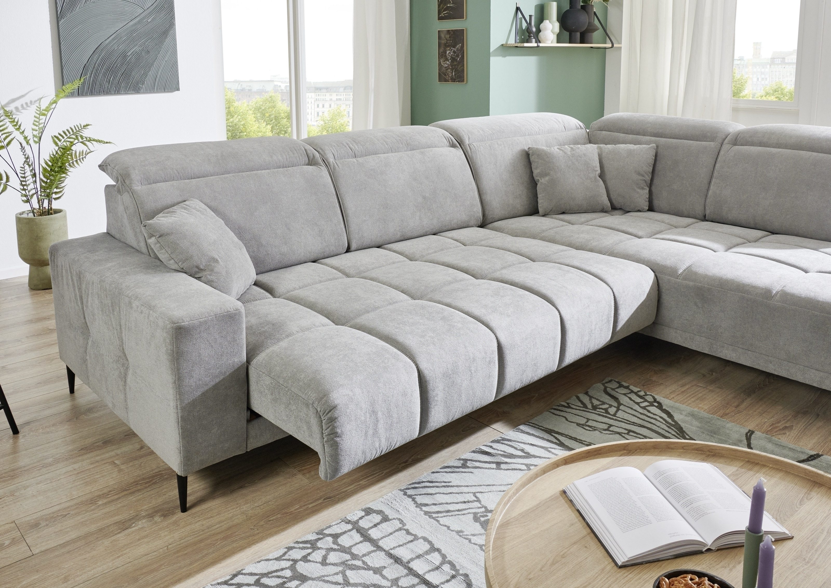 Iwaniccy Wohnlandschaft elektr. Sitzverstellung, Federkern, hellgrau - 317x107x230cm (BxHxT)