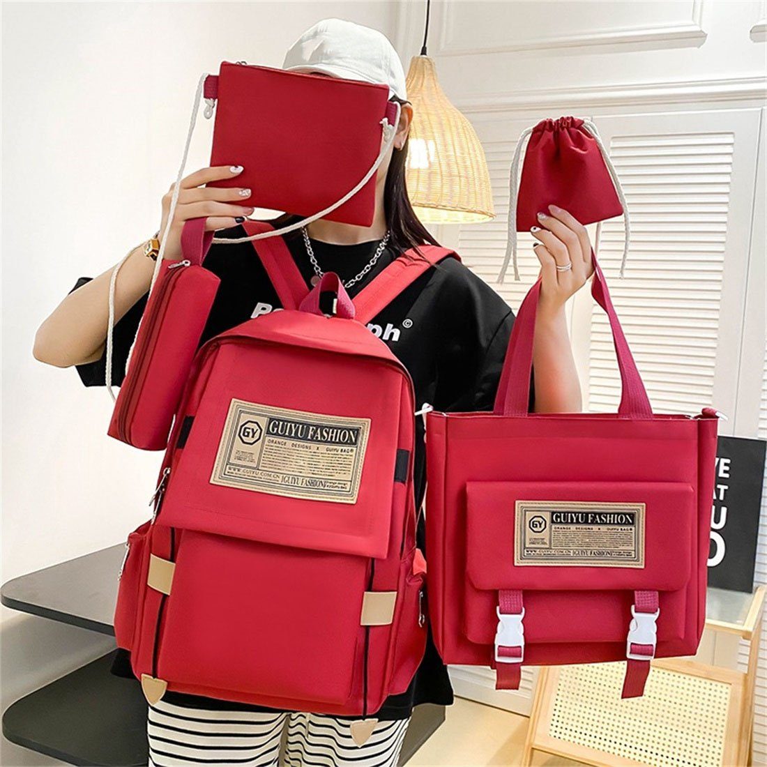 Canvas Kapazität große Schulrucksack Casual Student Rucksack, DÖRÖY Schultasche 5er-Set Rot