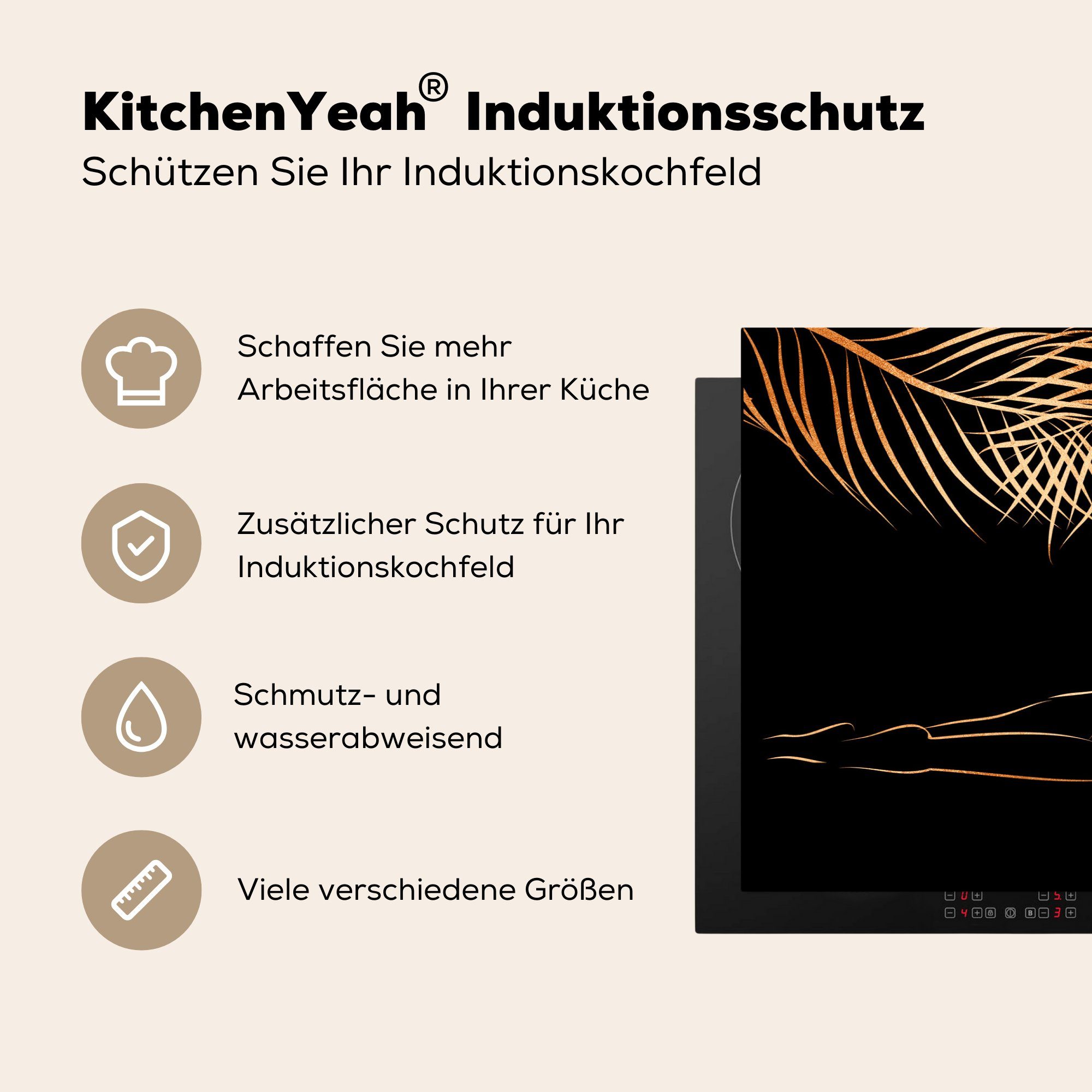 - Herdblende-/Abdeckplatte Vinyl, die - küche, Frau Schutz Gold Ceranfeldabdeckung 81x52 Strichzeichnung, für Palmwedel (1 - cm, tlg), MuchoWow Induktionskochfeld