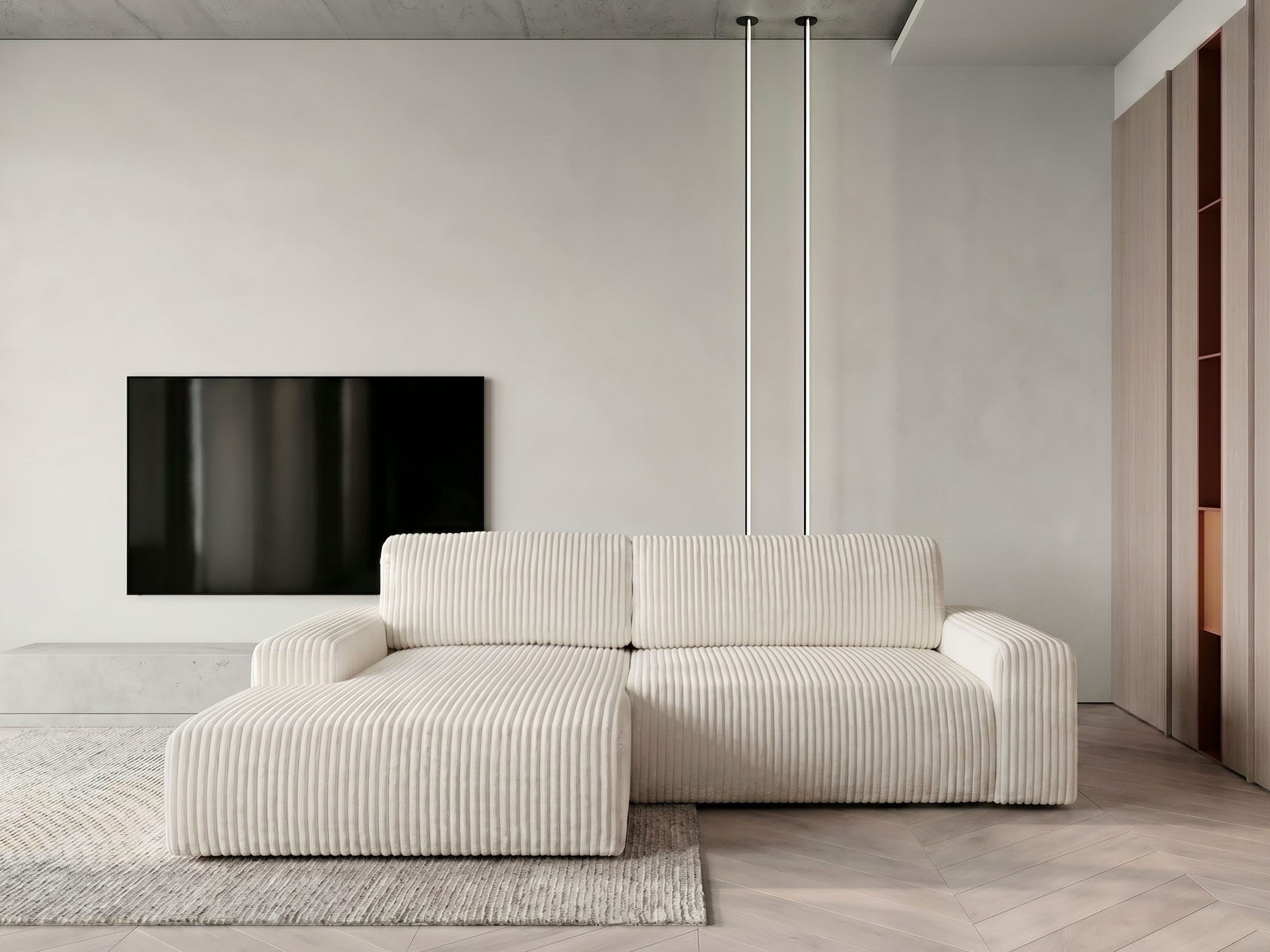 WERK2 Ecksofa Rotterdam-L 267 x 165 cm modern und bequem, Breitcord, L-Form, Schlaffunktion, Bettkasten