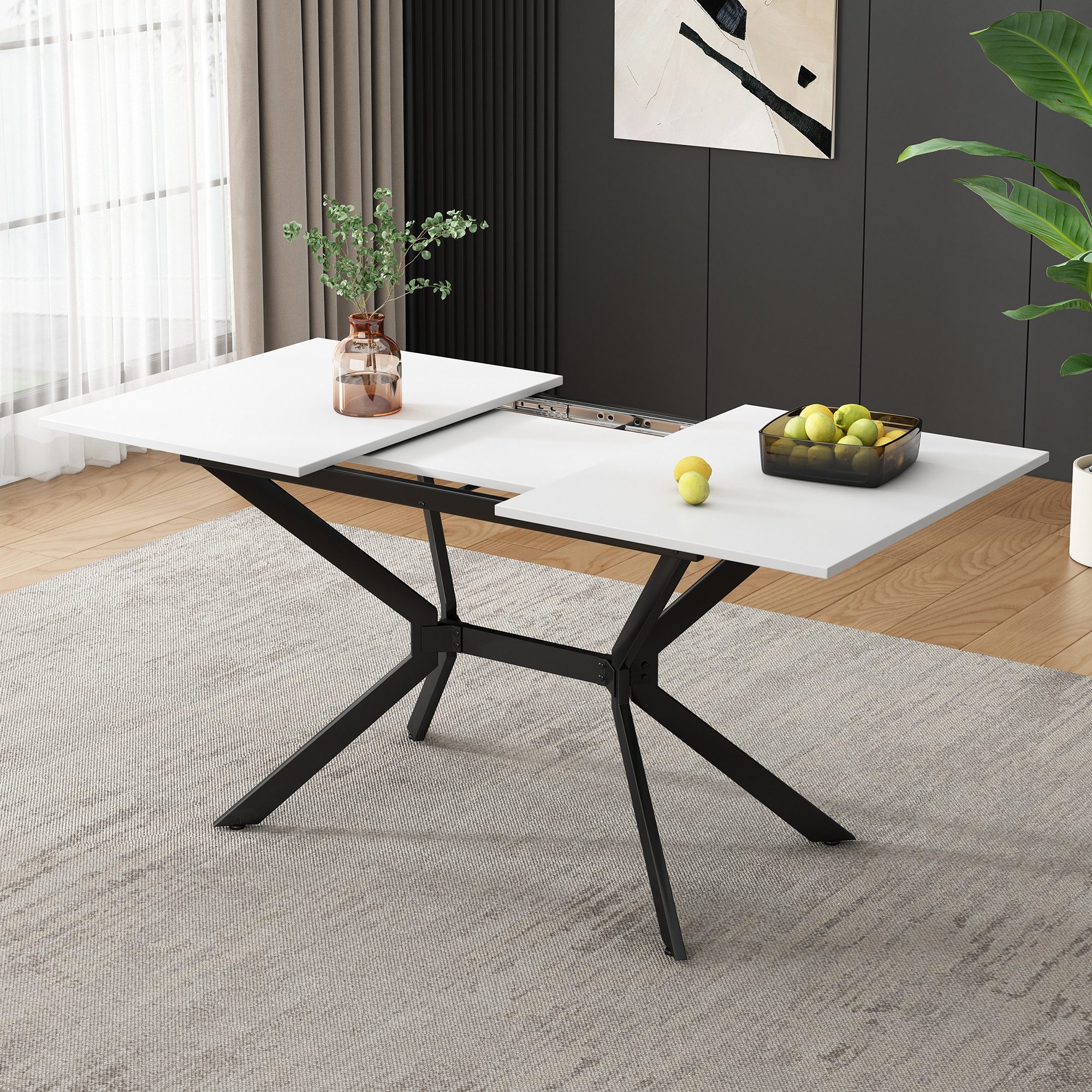 Fine Life Pro Esstisch Ausziehbarer Esstisch 120/160 cm Weiß, 1 Tisch, Weiß/Schwarz, 4–6 Personen