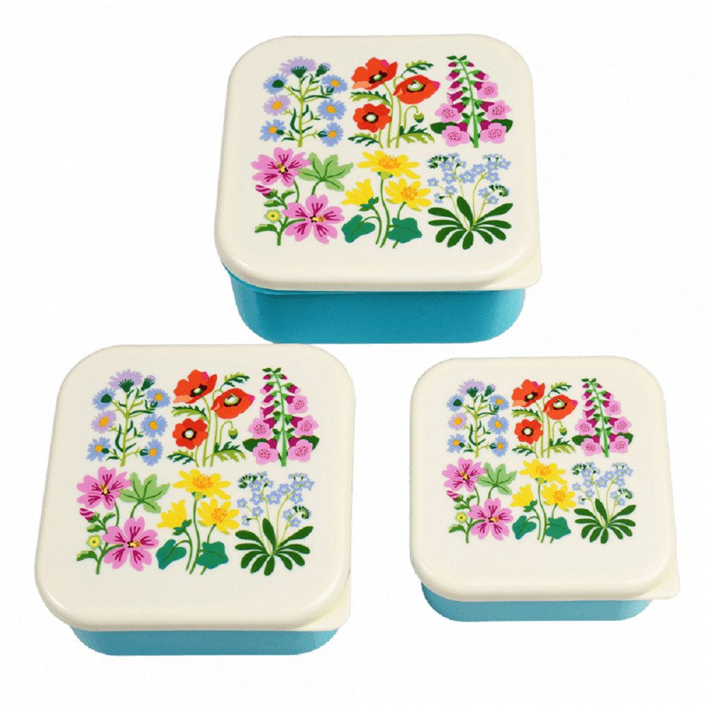 Rex London Lunchbox Snack Box 3er Set Wild Flowers, Kunststoff, BPA-frei, (Set, 3-tlg., ca. 11,5 x 11,5 x 5,5 cm (große Box), jede Box mit Wildblumen Motiv, passt genau in den größeren Behälter