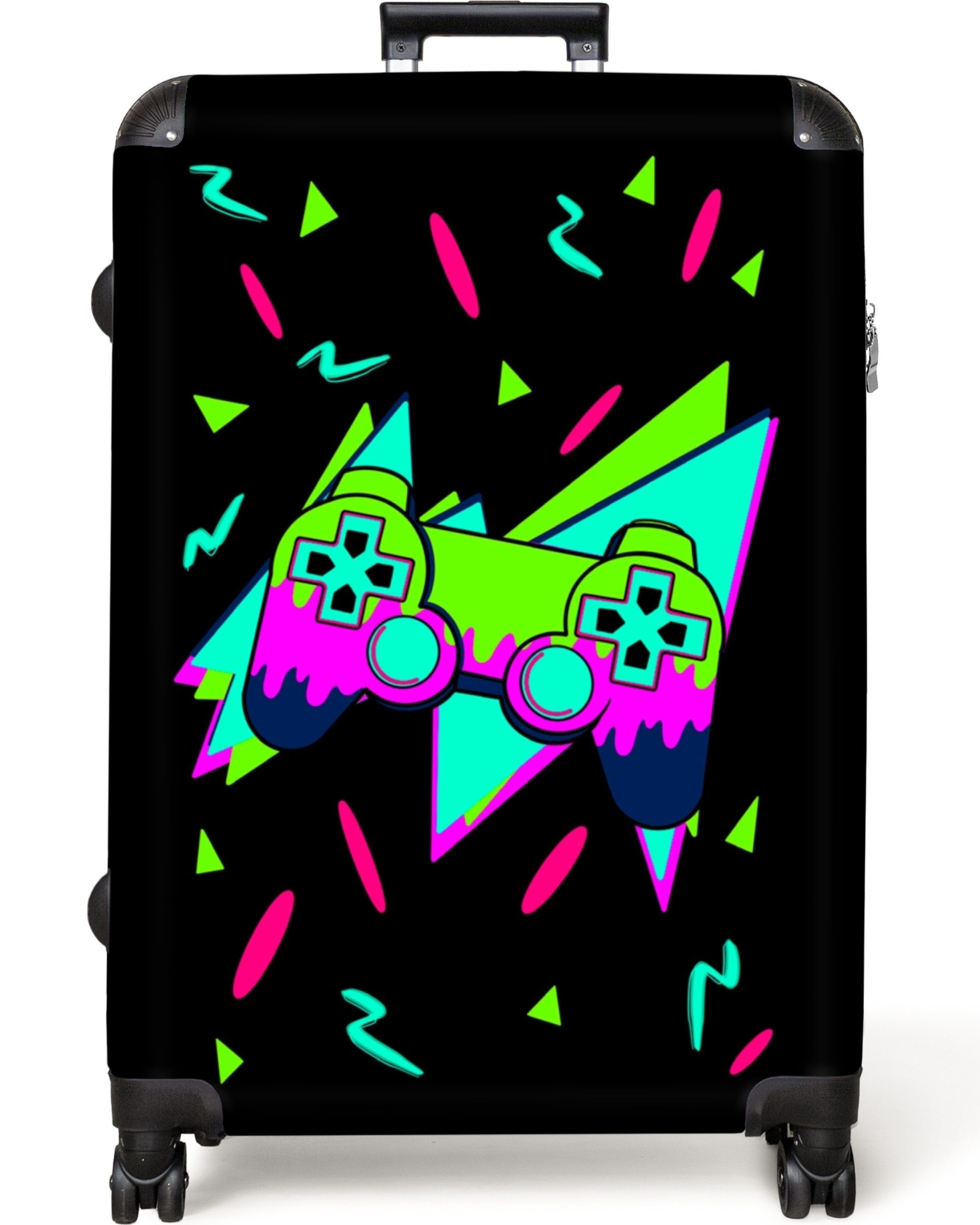 NoBoringSuitcases.com© Kinderkoffer Gaming - Controller - Schwarz - Jungen 77 cm - 98 L, 8 Rollen, Reisekoffer mit Rollen Großer für 30kg, Jungenkoffer