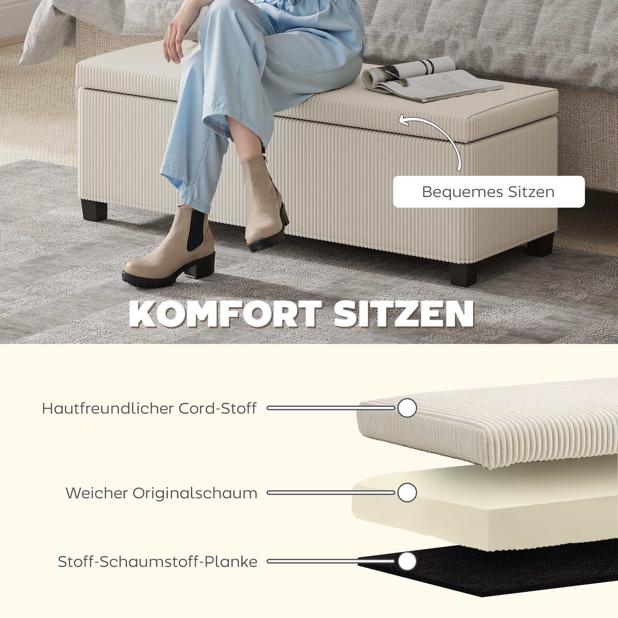 HOMCOM Sitzbank Polsterbank mit Stauraum und Cord-Optik, Sitztruhe für Wohnzimmer (Fußhocker aus Cord mit abnehmbarem Deckel, Beinen, 1-St., Aufbewahrungstruhe  – Bild 5 von 5