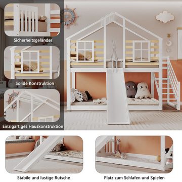 DOPWii Holzbett 90x200cm Etagenbett,Holzbett mit Treppe,Gitter,Rutsche,Fenster und, Absturzsicherung,Blockhaus Kinderbett,Bettrahmen aus Massivholz,Weiß