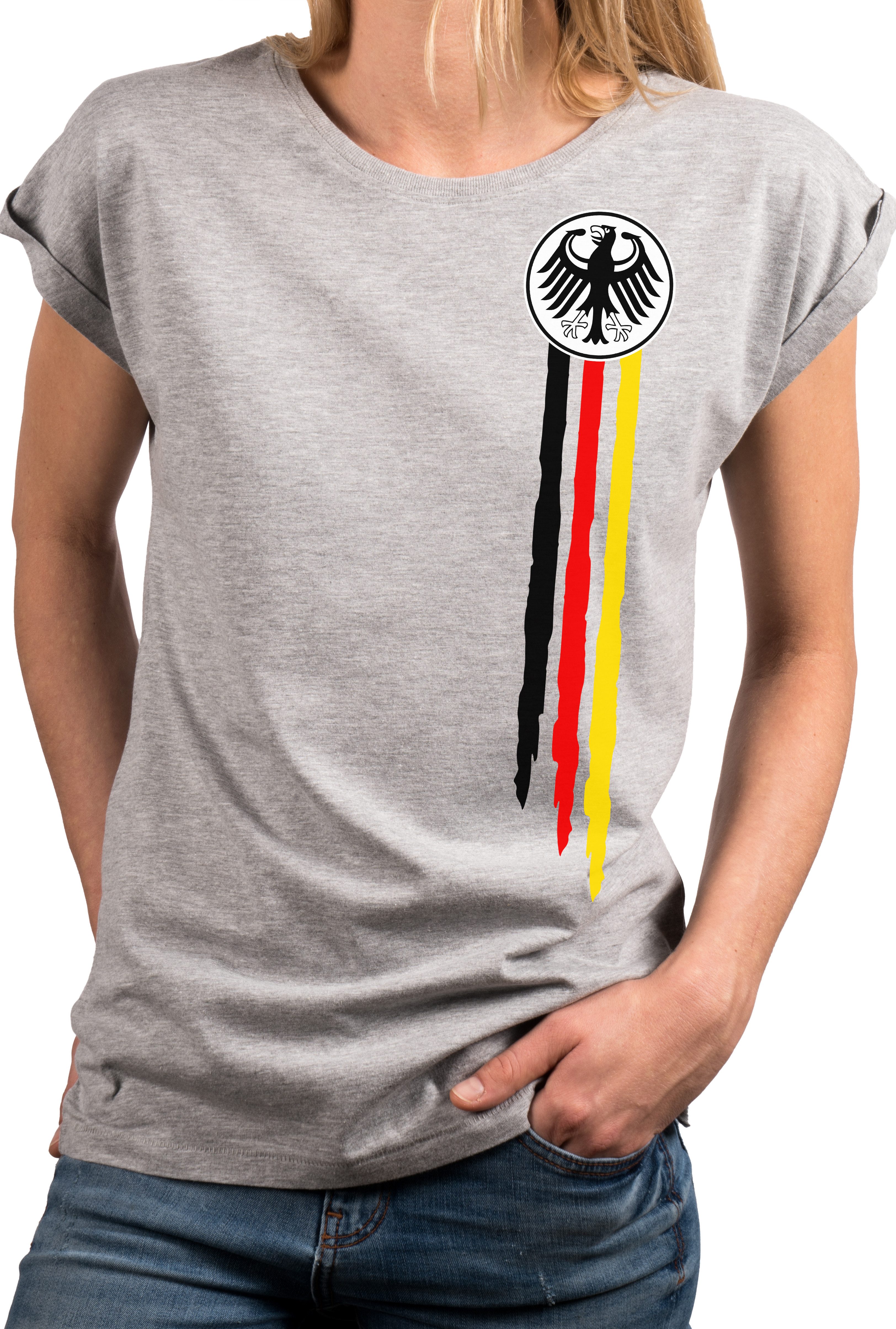 MAKAYA Print-Shirt Deutschland EM Trikot Damen Adler Flagge Fahne Fußball WM Top (Schwarz, Weiß, Blau, Grau, Grün, Rosa, 34, 36, 38, 40, 42, 44, 46, 48, 50) große Größen