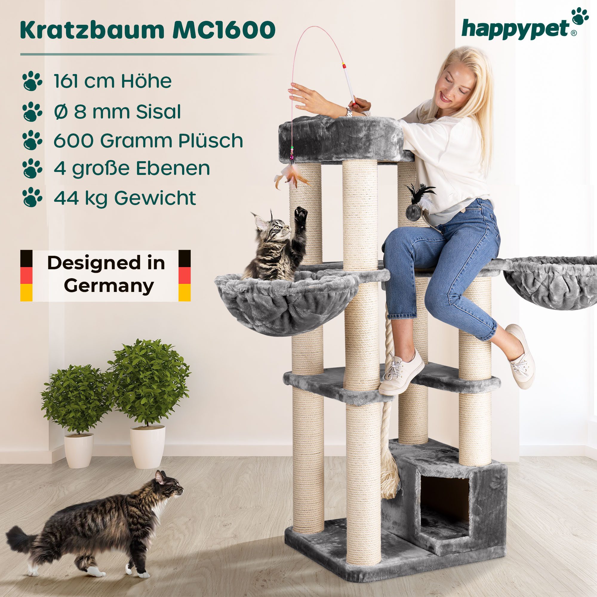 Happypet Kratzbaum OSCAR, 161 cm hoch, 12 cm Dicke Stämme für schwere Katzen, 600g Plüsch