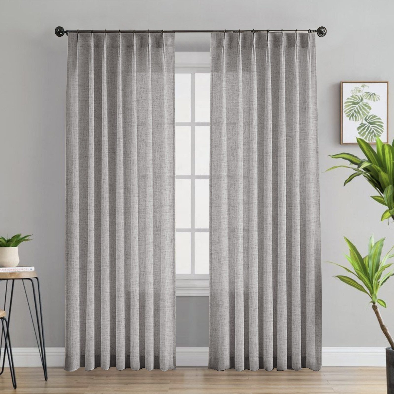 Jibenhome Gardine Leinenoptik Voile Vorhänge Modern Fensterschal für Wohnzimmer, 2 Stück, Gardine Halbtransparente Kräuselband mit Quetschfalten, Vorhang