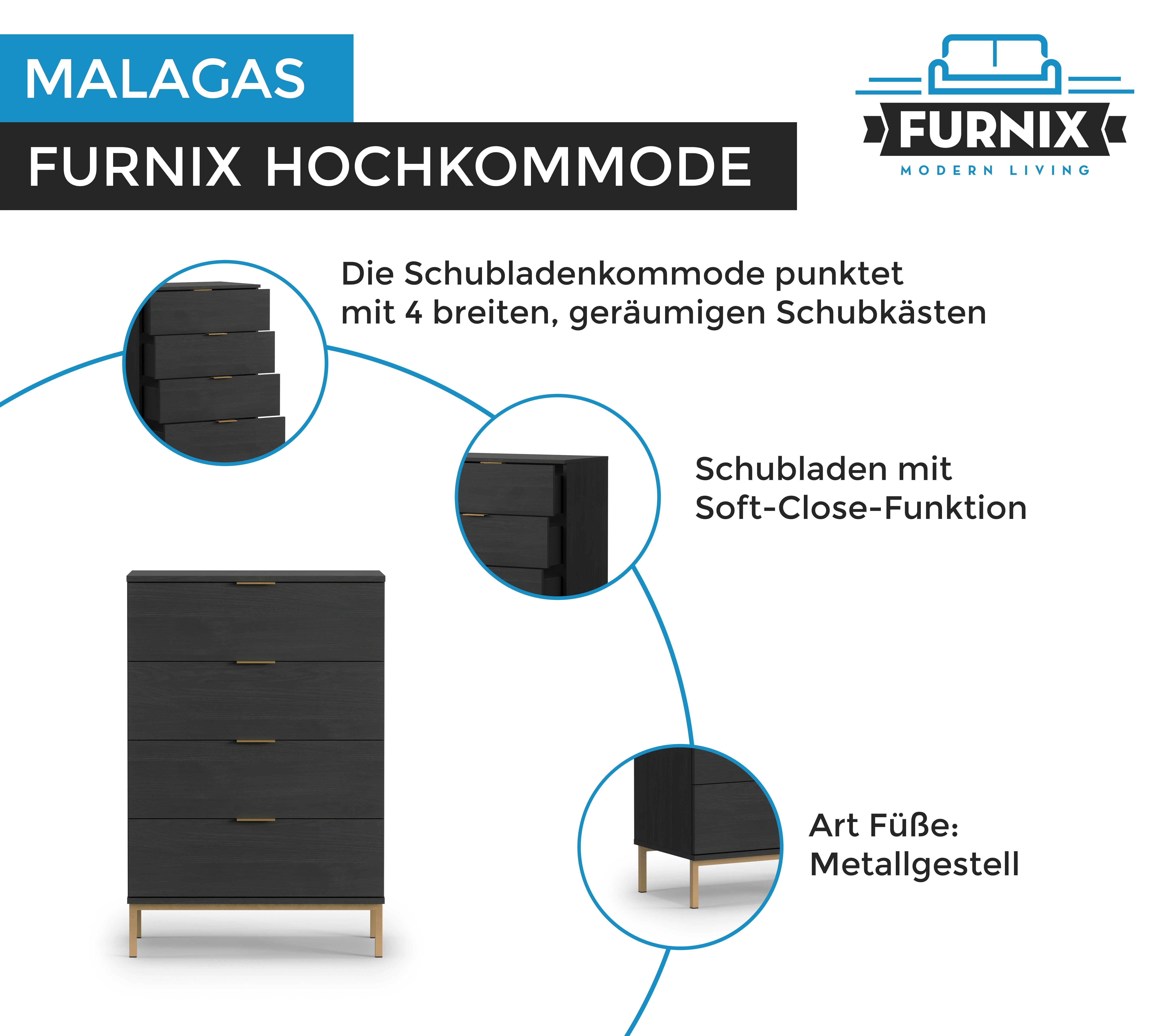 Furnix Hochkommode cm, K4SZ Altgoldoptik Schwarz, mit4 Schwarz Metallgestell x in H104,2 Highboard B70 Portlansche T41 oder x Schubladen MALAGAS Marineblau