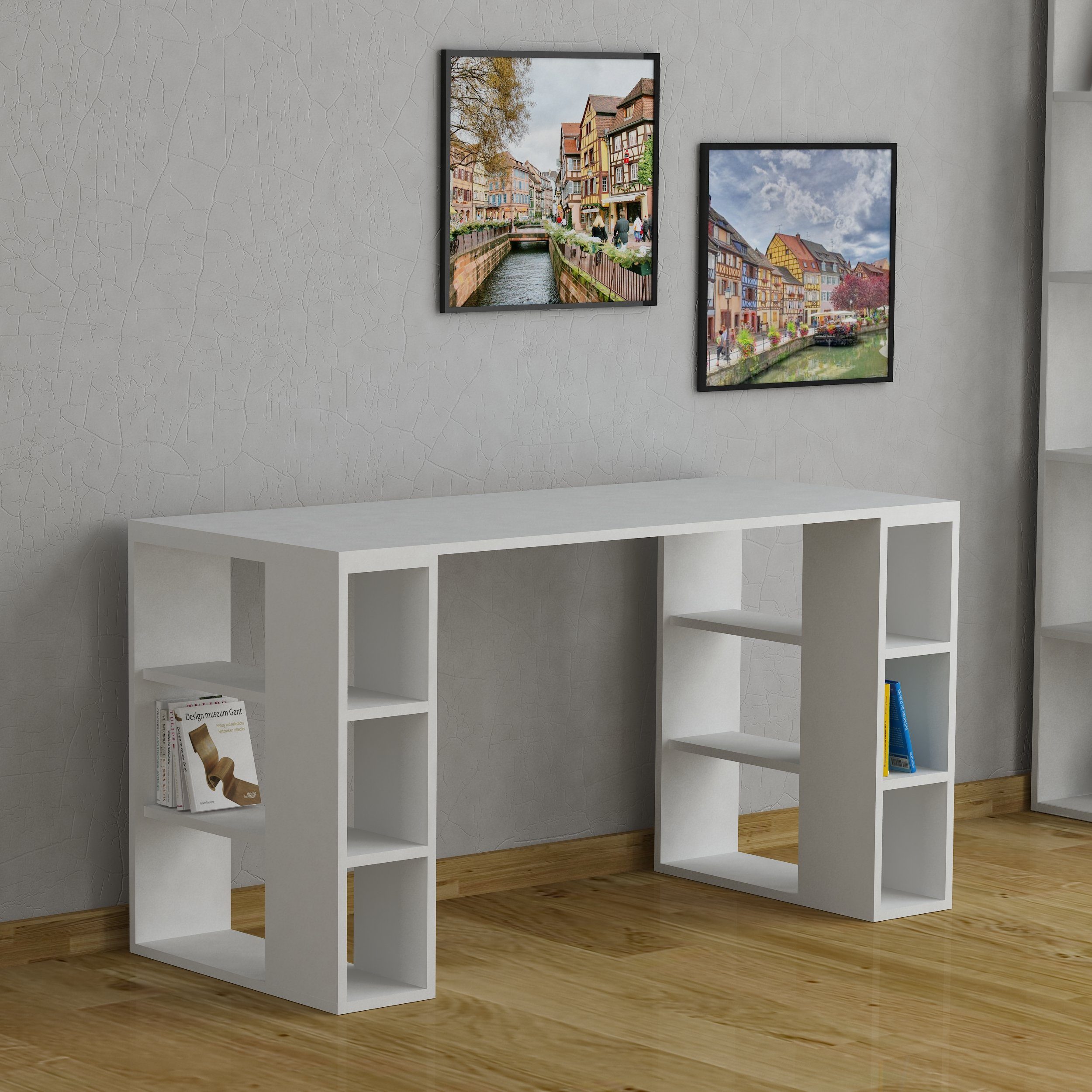 Decortie Schreibtisch Colmar (1 Tisch), Moderner Schreibtisch Mit Bücherregal, 140 x 60 x 75 cm weiß
