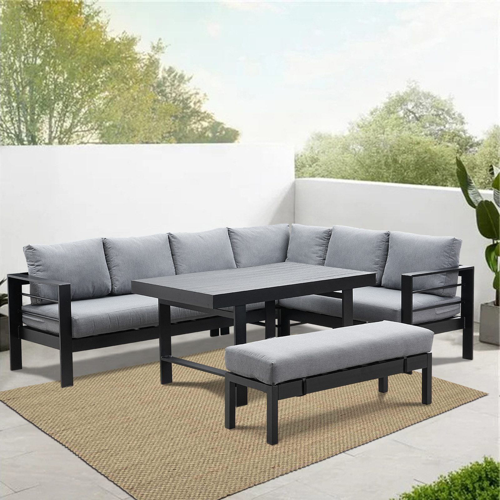 MeXo Gartenlounge-Set, (Garten-Essgruppe, 5-tlg., 3 x Ecksofas, 1 x Gartenbank, 1 x Esstisch 130 x 80 x 67,5 cm), Gartenmöbel Set Aluminium Ecklounge für 8 Personen