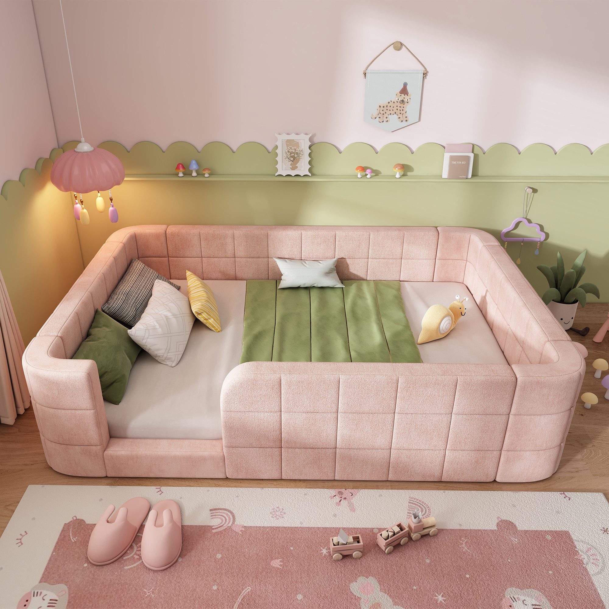 Flieks Polsterbett, Kinderbett Bodenbett 140x200cm mit umlaufendem Schutzgitter, Chenille