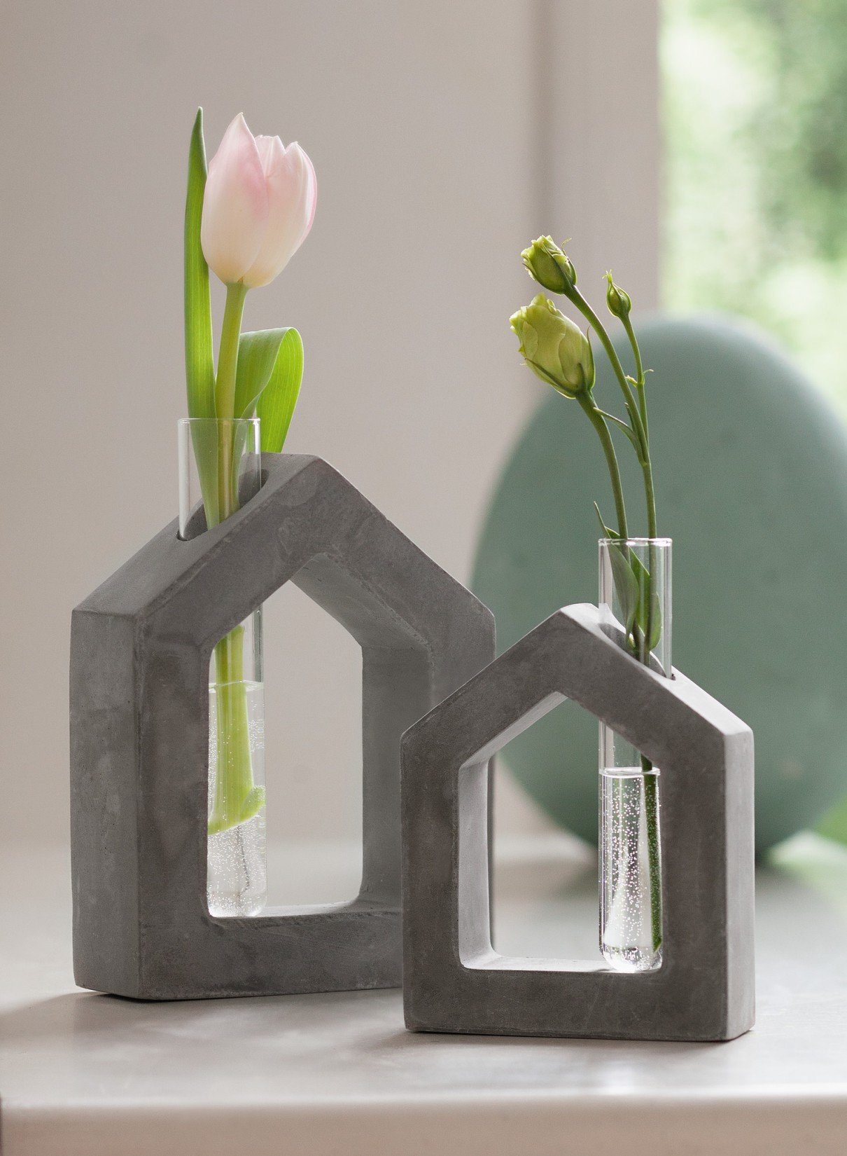 aus Dekoleidenschaft Vase, mit einzelne Glasvase Blumen, Tischvase Set) Dekovase für St., Beton "Haus" im (2
