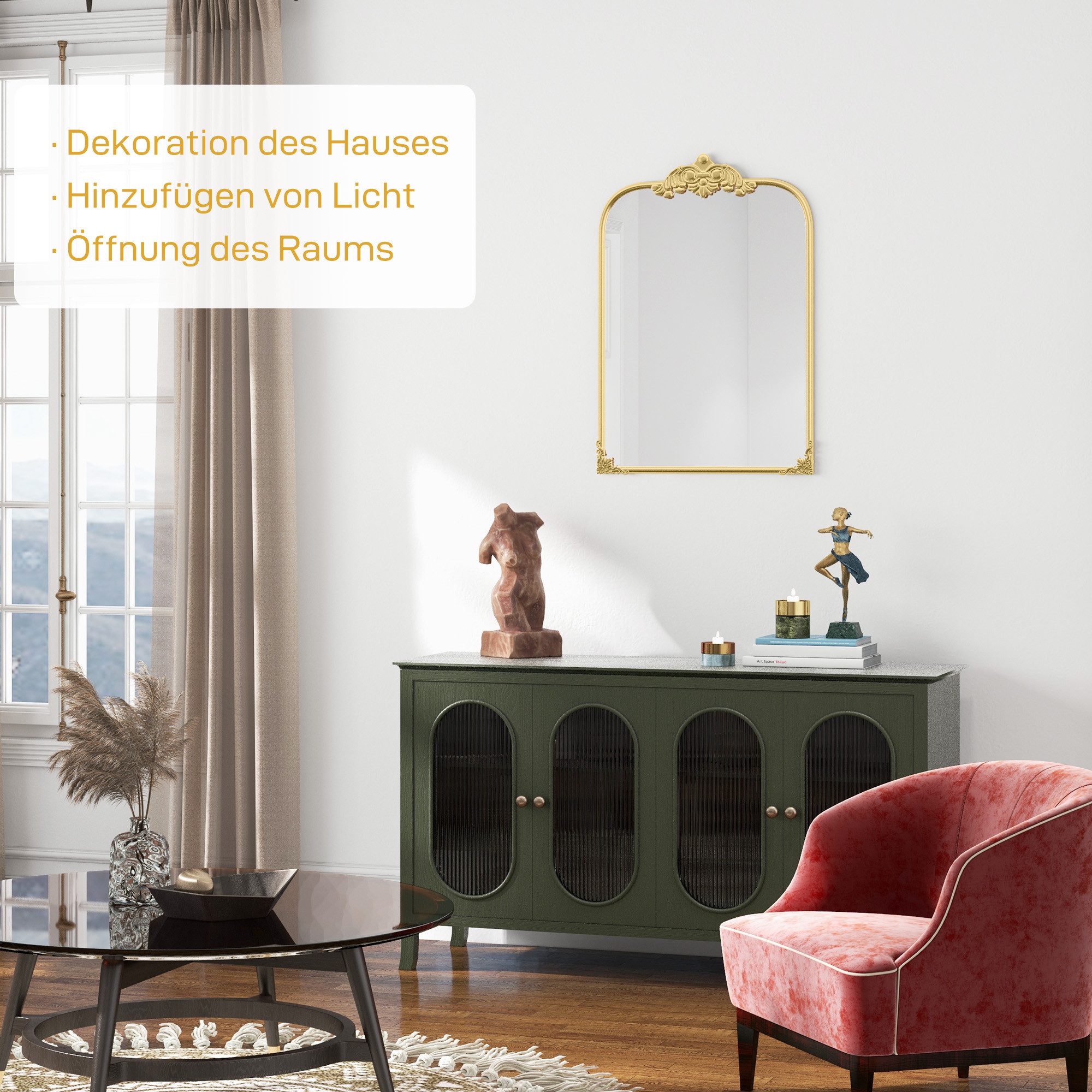 HOMCOM Wandspiegel Spiegel 60 x 87cm mit Rahmen aus Metall Dekorativer Hängespiegel (Badezimmerspiegel, 1-St., Dekospiegel), für Wohnzimmer, Schlafzimmer, Gold – Bild 4 von 5