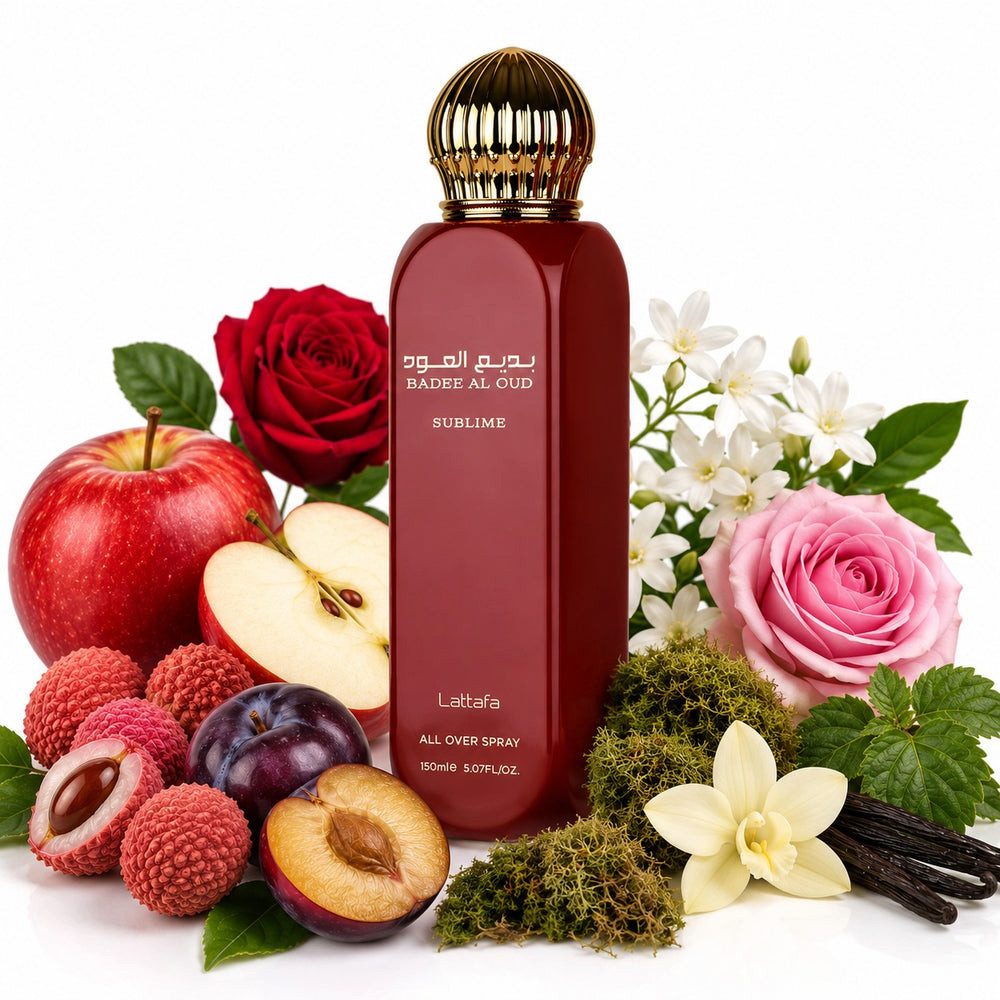 Lattafa Duft-Set Badee al Oud Sublime All Over Spray 150 ml + Parfümzerstäuber (leer)