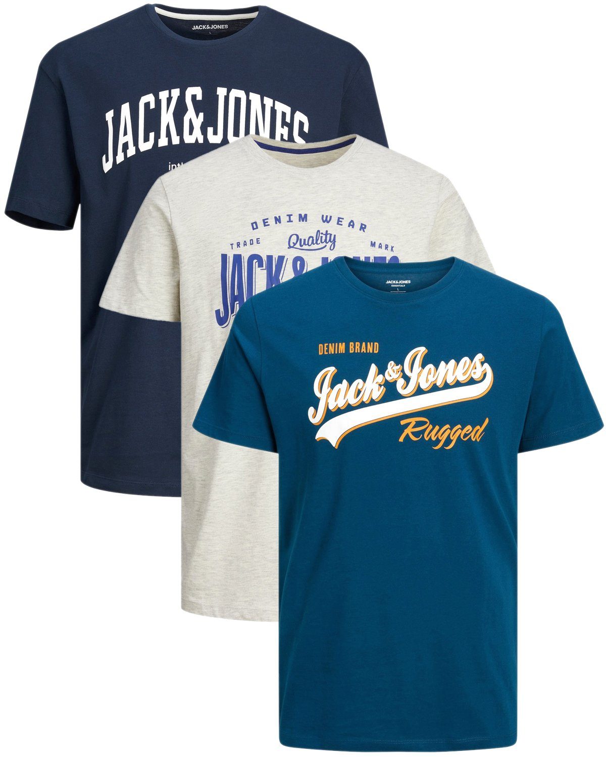 Jack & Jones Print-Shirt (Spar 3er Printaufdruck 3er-Pack) 8 mit Set, Baumwolle Shirts Mix aus