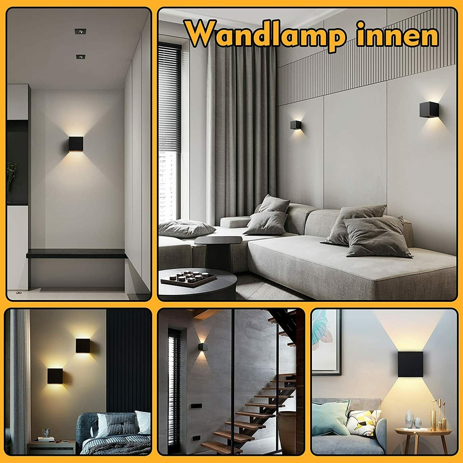 oyajia Wandleuchte 12W Wandlampe Würfel Lampe, LED Garden für wasserdicht, fest Warmweiß, Schwarz LED Treppe, 2 Modern Wohnzimmer, integriert, Licht, Up&Down Flur, Schlafzimmer, IP65 Wandleuchte Stück Square