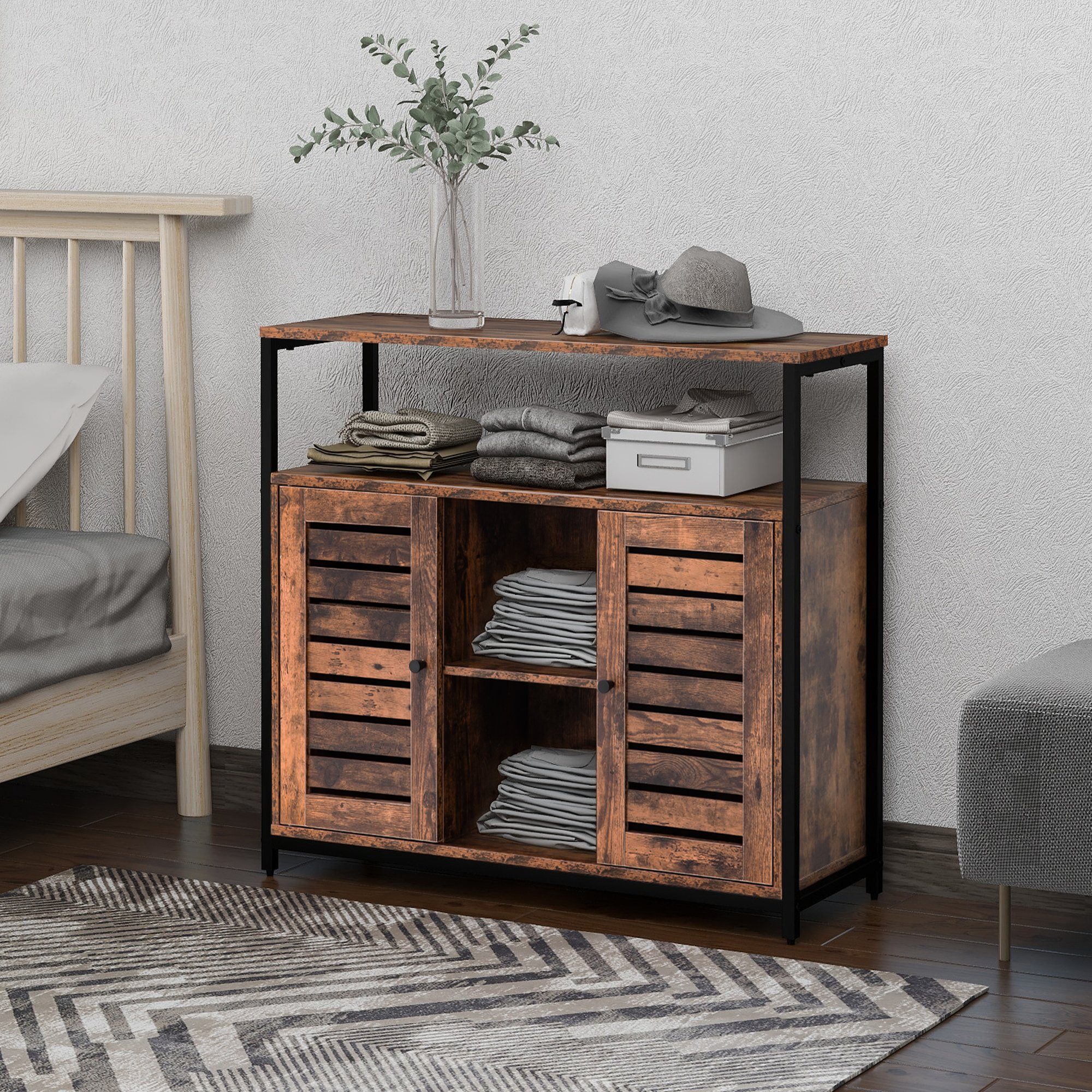Merax Sideboard »Rena«, mit zwei Türen, Kommode Küchenschrank aus Holz und  Metall Rahmen, mit großem Stauraum, vintage braun online kaufen | OTTO