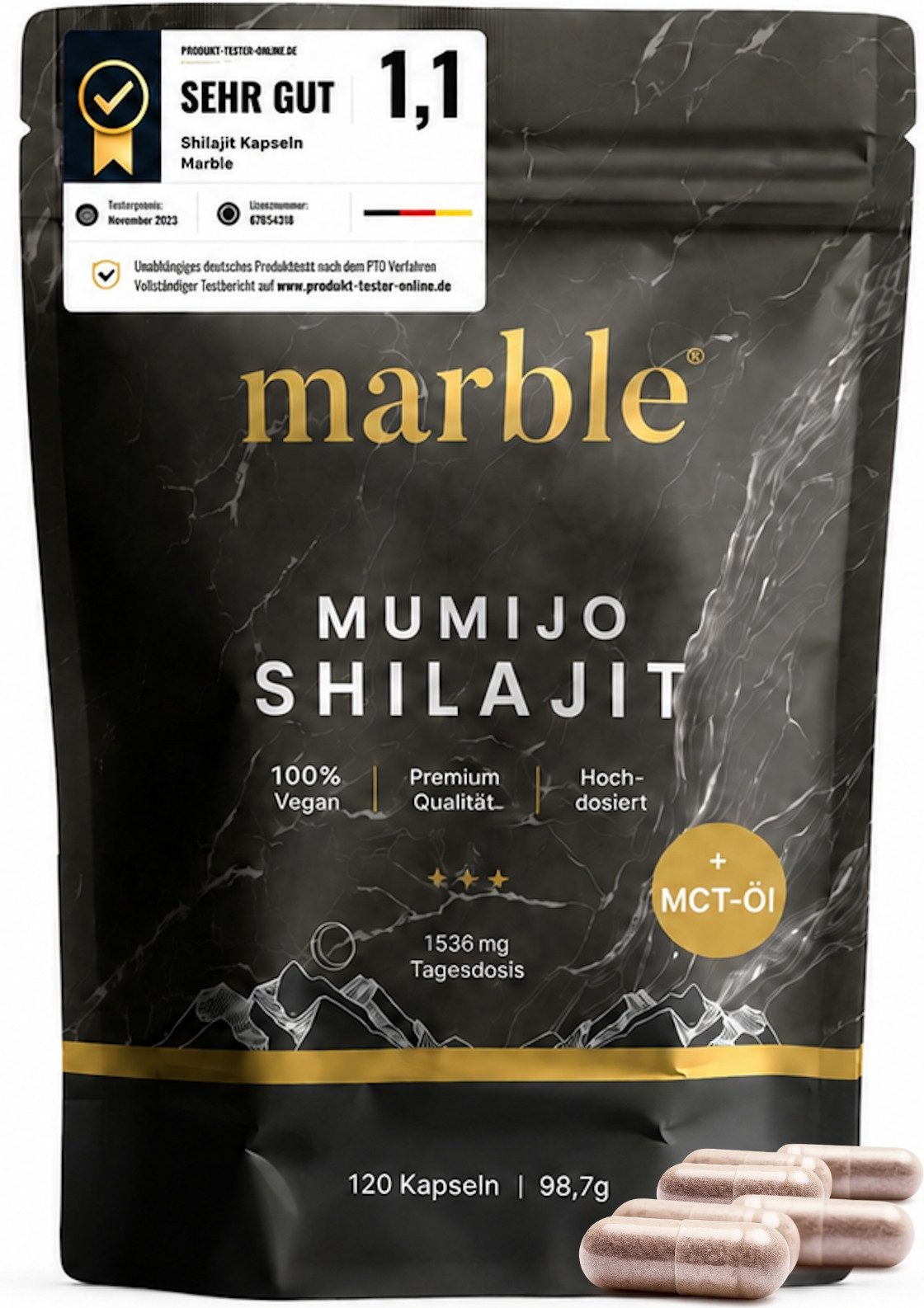 Marble Shilajit Mumijo 120 Kapseln, 10:1 hochdosiert - marble® Kapseln, 120 er 85 g, Laborgeprüft in Deutschland nach ISO-Standards