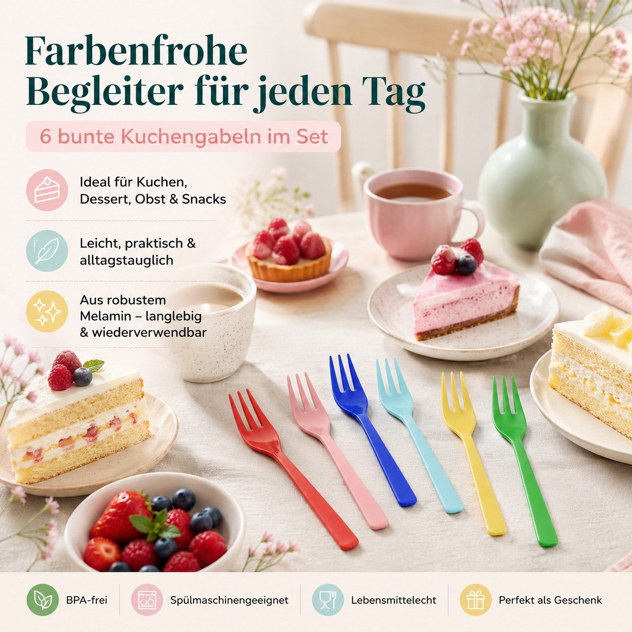 rice Kuchengabel RICE Teelöffel 6er Set Melamin bunt BPA-frei (6 Stück)