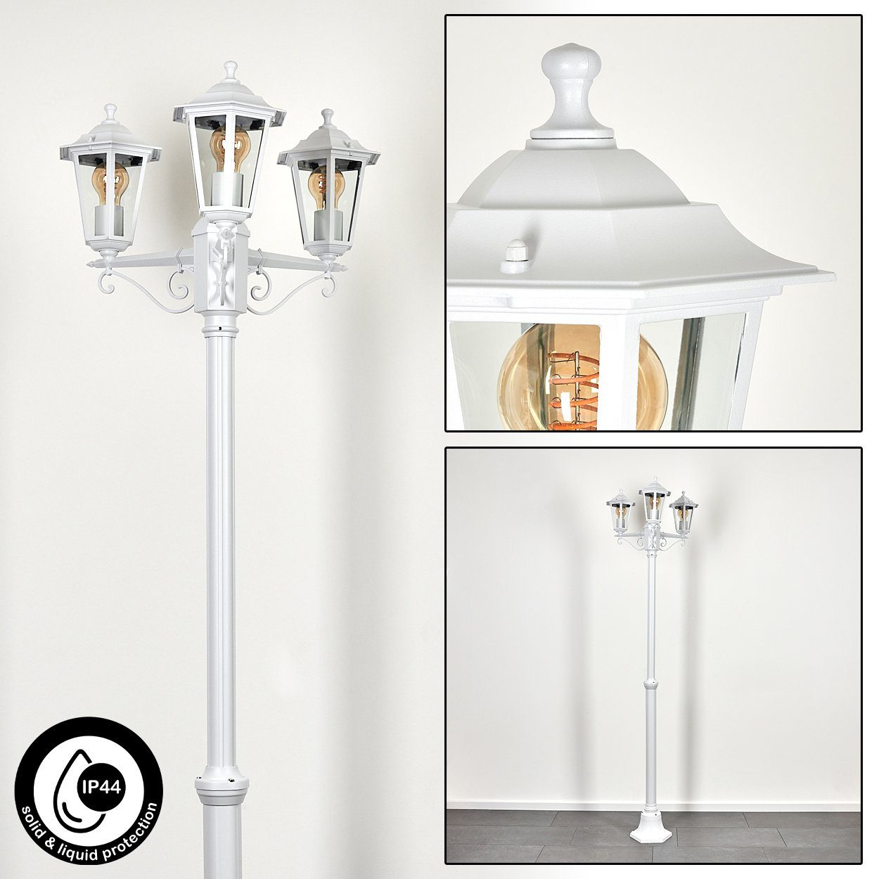 hofstein Außen-Stehlampe Wegeleuchte aus Metall/Glas in Weiß/Klar, ohne Leuchtmittel, Kandelaber, Gartenbeleuchtung IP44, 3xE27, ohne Leuchtmittel