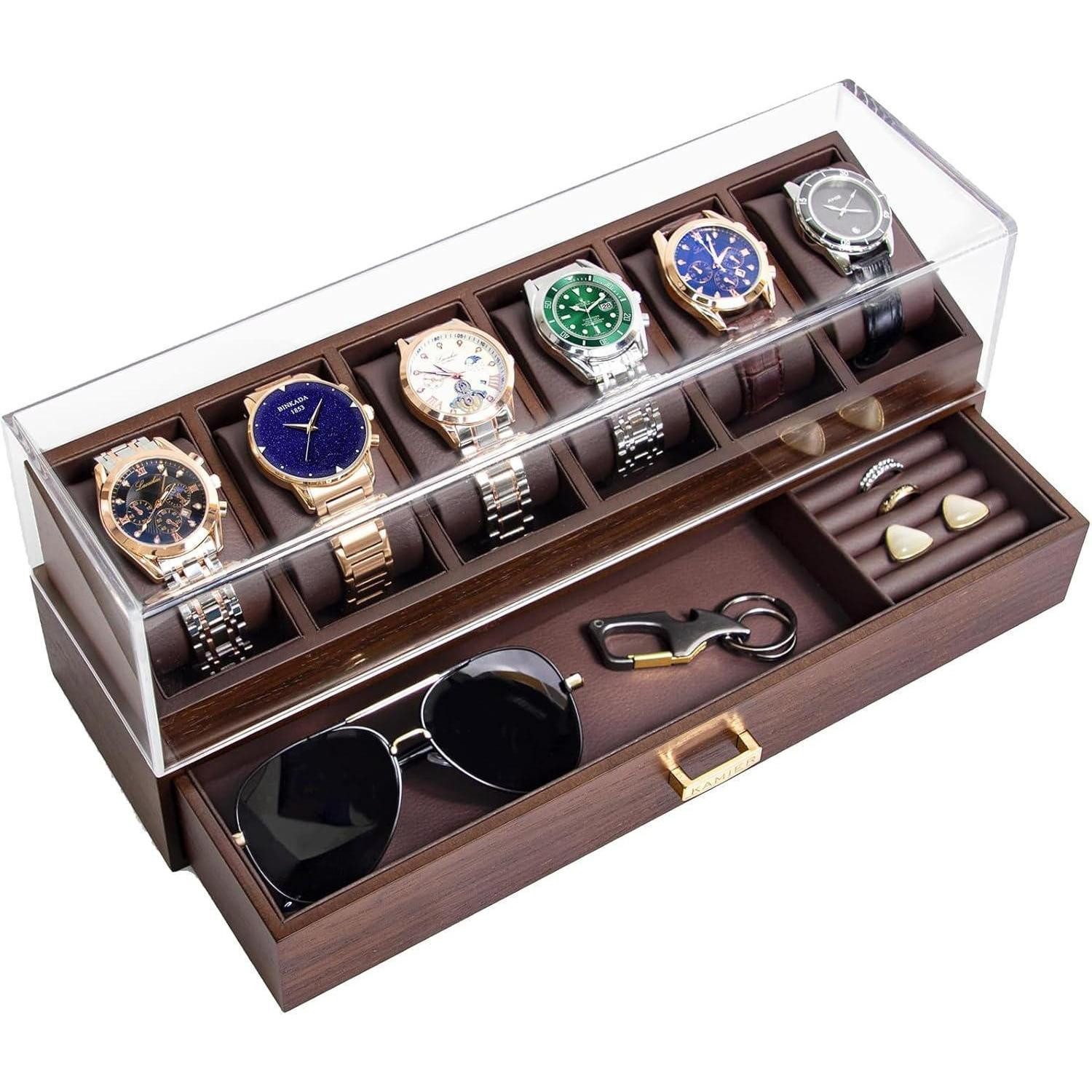 LuxusKollektion Uhrenbox Uhrenbox Herren Echtholz 6 Fächer Uhrenkoffer Geschenk Walnuss