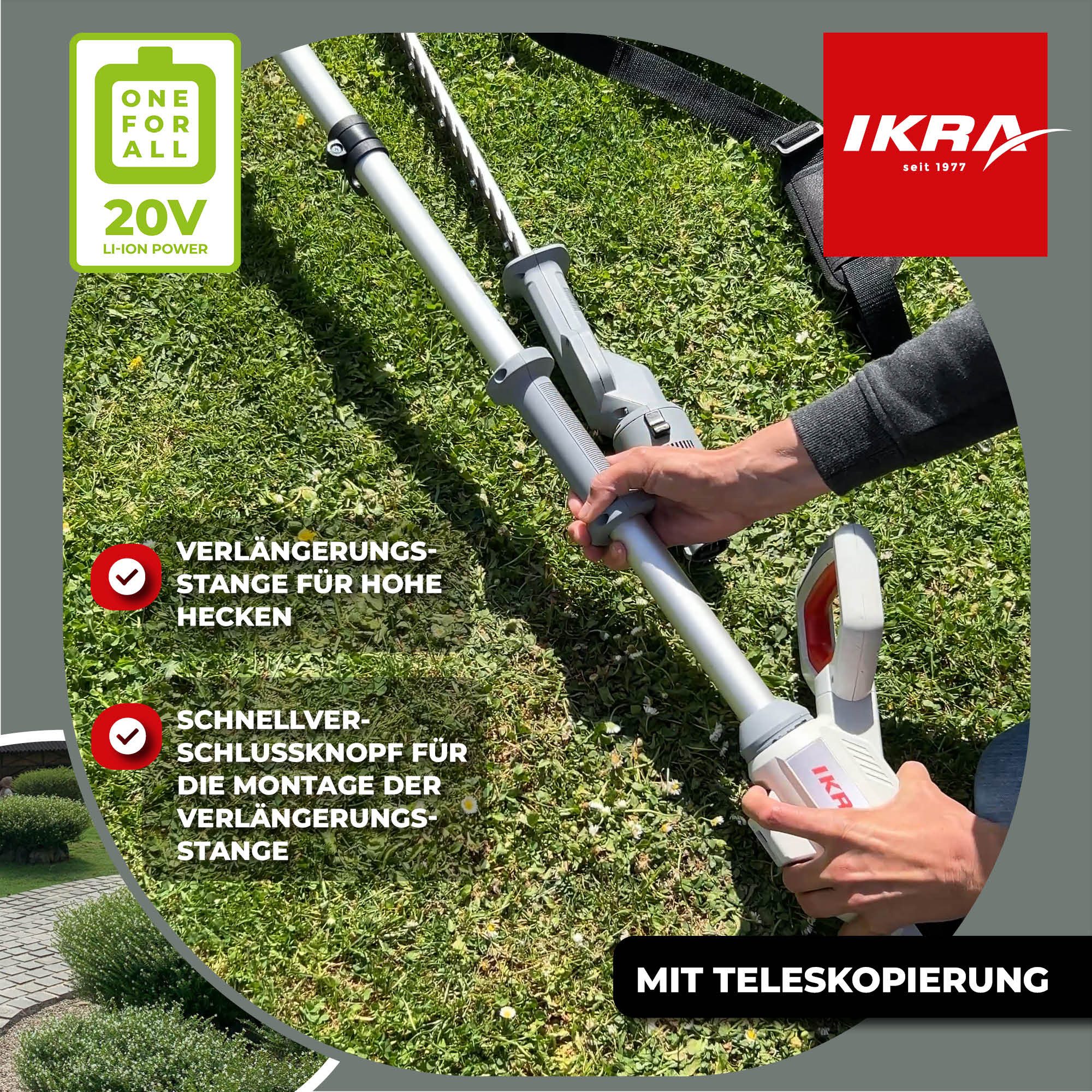 ikra GmbH Teleskop-Heckenschere ICPH 2050, bis 2,10 m Arbeitshöhe, 20 V, Praktische 2in1-Funktion (klassisch oder als Teleskop) – Bild 4 von 5