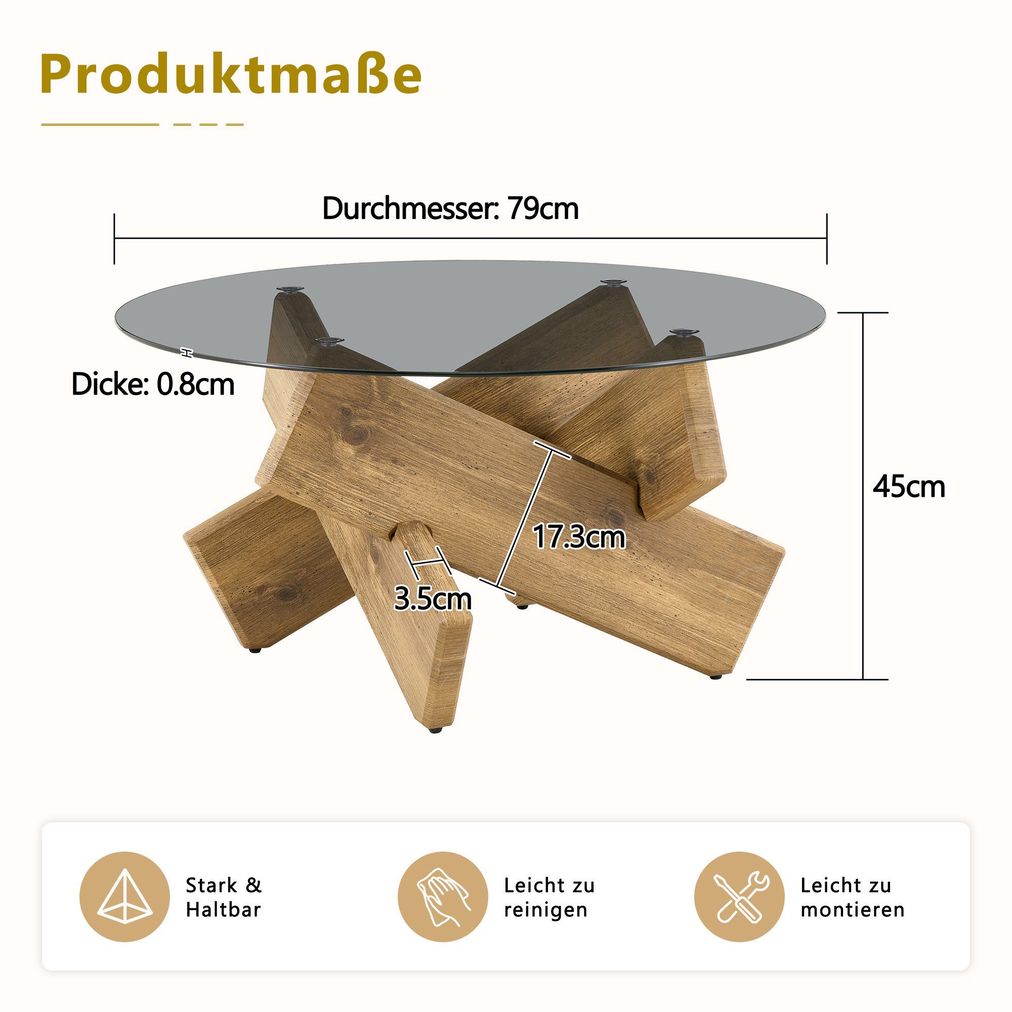 ANYSUN Couchtisch Runder Couchtisch aus Glas mit Holzkorn Stützbeine, (0,8cm dicke gehärtete Glasoberfläche), Kleiner Teetisch für Wohn- und Schlafzimmer Einfach und Schön