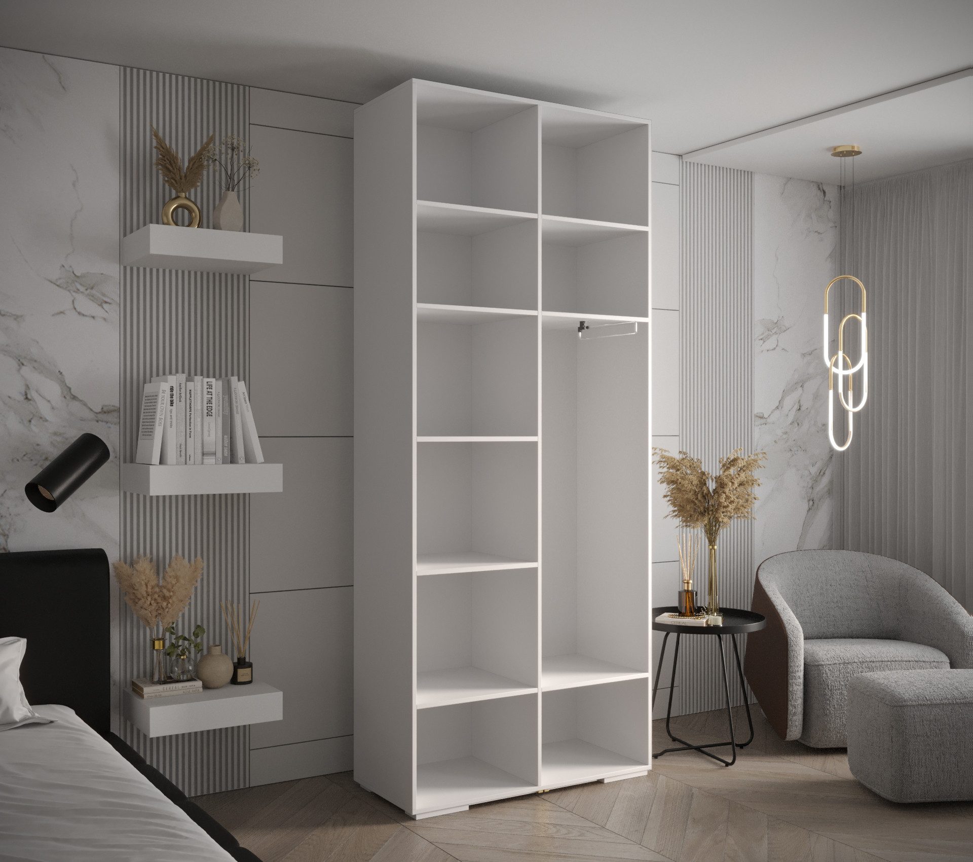 MOEBLO Schrankmodule IVONA 1 (goldene Griffe, elegante Garderobe, glamouröser Stil, Schrank Garderobe Schiebtüren Schlafzimmer, Modularer Kleiderschrank)