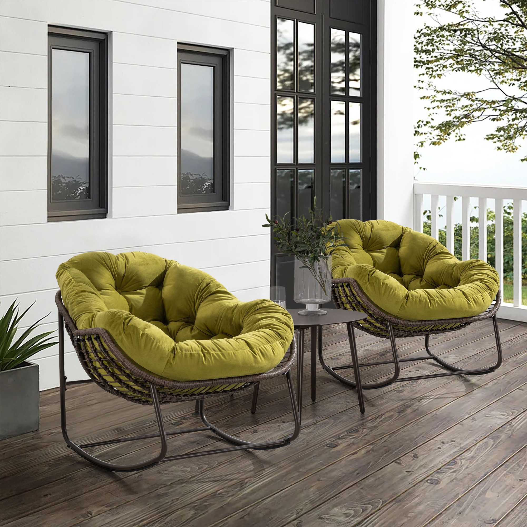 CHICFURN Schaukelstuhl Outdoor Rattan Sessel mit gepolsterter Auflage (Packung, 1 St), Rocker Recliner für Terrasse, Wohnzimmer, Garten, Olivgrün