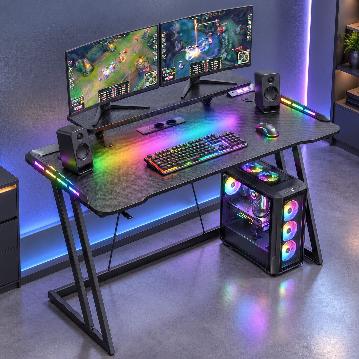 Patbrela Gamingtisch Computertisch mit RGB, Monitoraufsatz, integrierter Steckdosenleiste, mit Kopfhörerhalter, Carbon-Optik, 120/140 x 60 cm, Schwarz