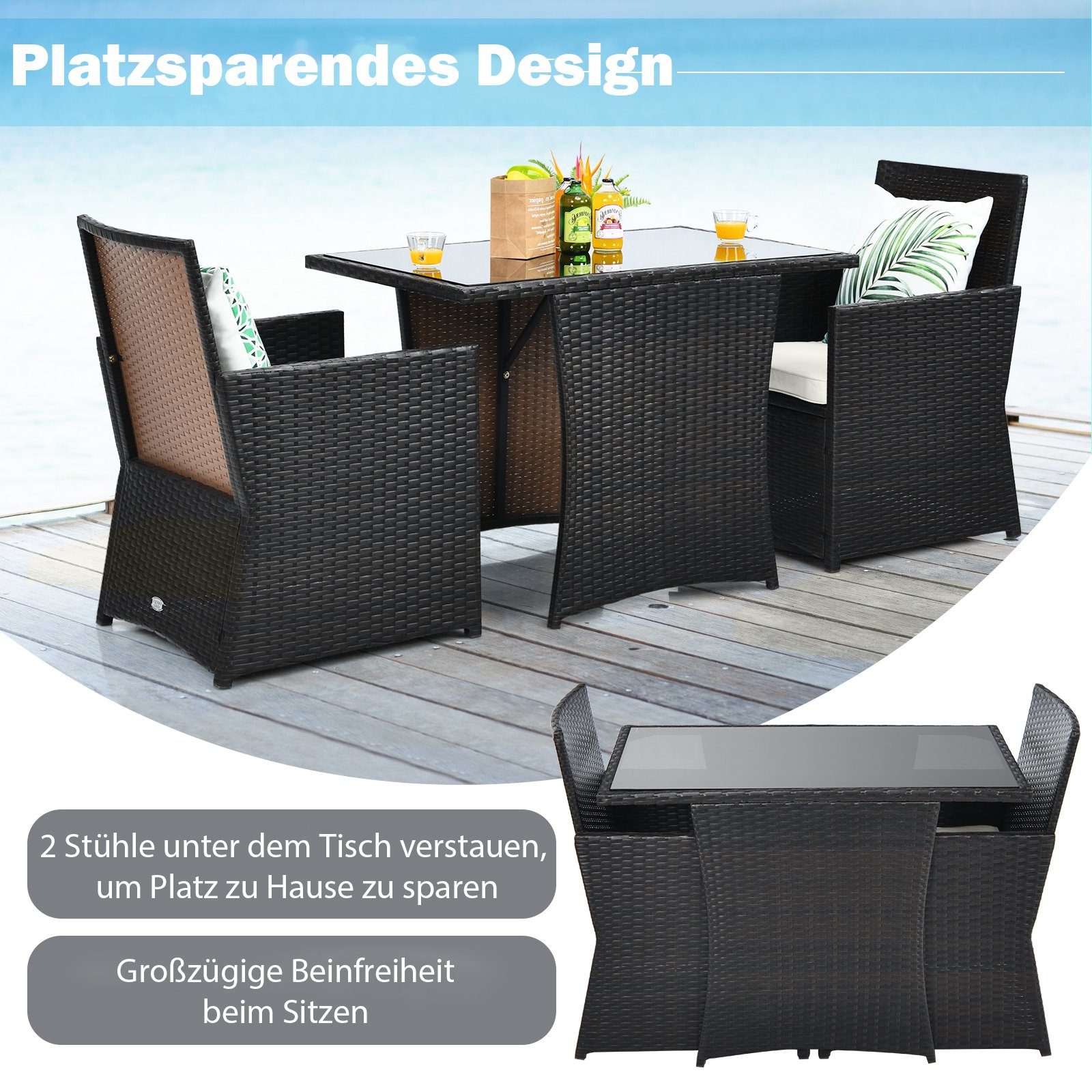 COSTWAY Balkonset, 3 teilig, Rattan, 2 Personen, mit Sitzkissen