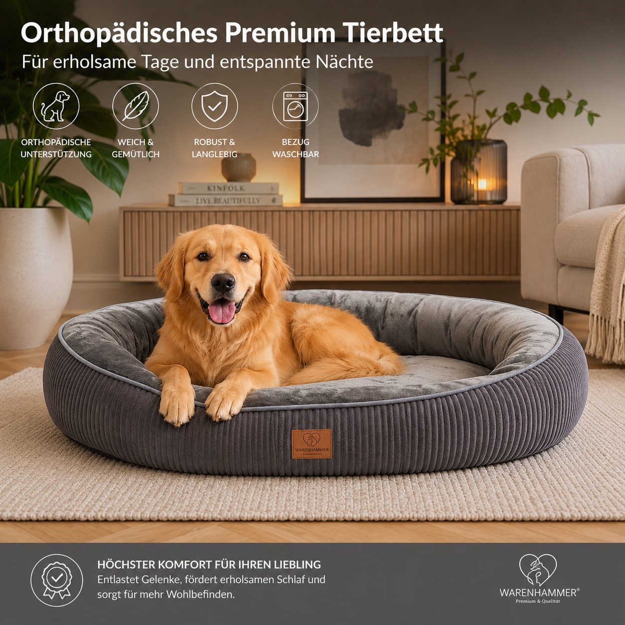 Warenhammer Hundebett Orthopädisches Premium Hundebett, flauschig weich, abnehmbar/waschbar, gepolsterter Rand ca. 20-22 cm hoch, weiches Flanell / herausnehmbare Innenmatratze