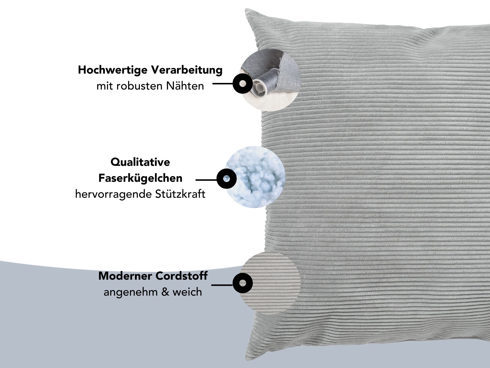 XDREAM Dekokissen Zierkissen, Sofakissen-Set bestehend aus 1x 90x90 cm und 2x 45x45 cm, gemütliches Sofakissen mit robuster und moderner Cord-Optik – Bild 5 von 5