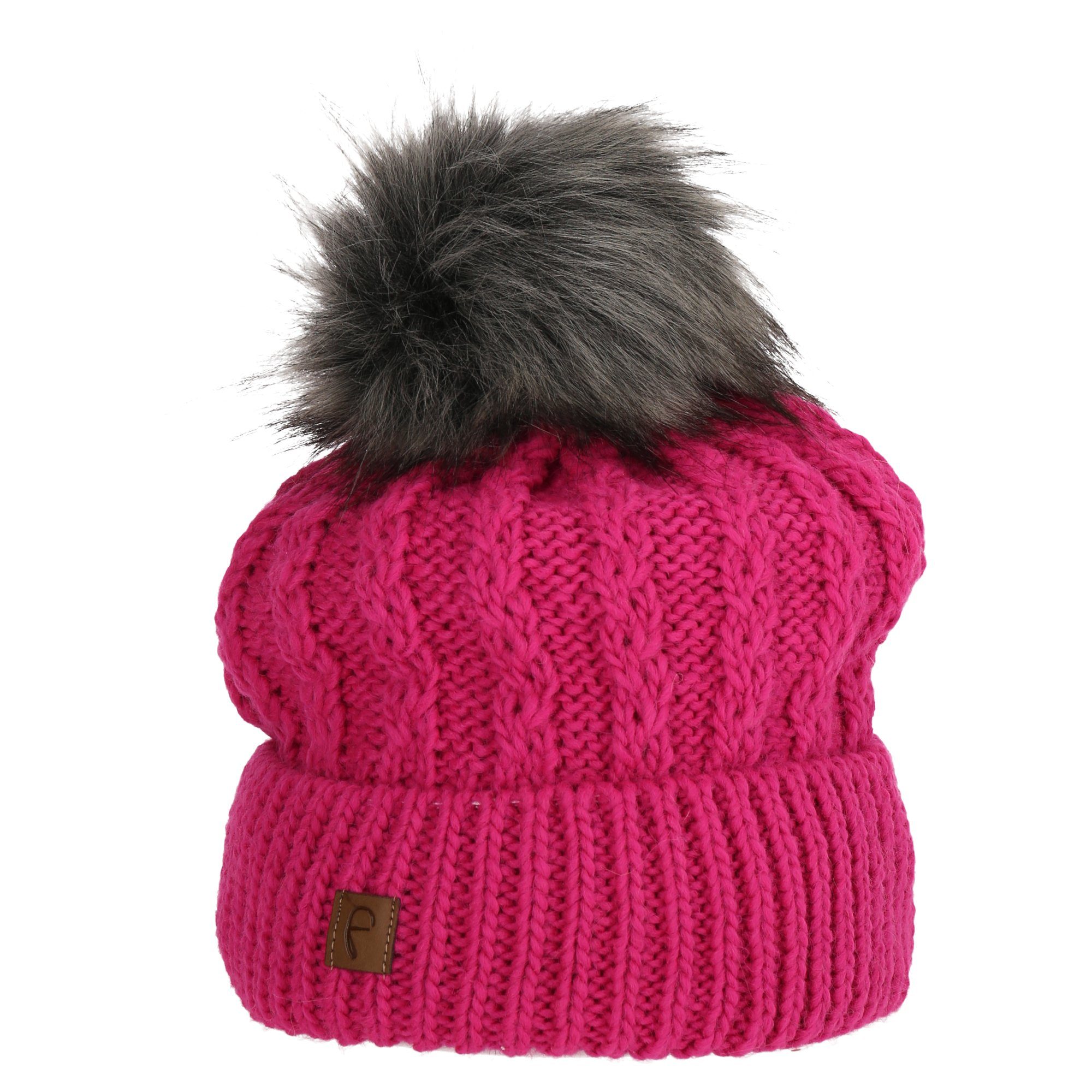 Faera Bommelmütze Wintermütze warm gefüttert mit Fleece-Futter Kunstfell Bommel-Mütze