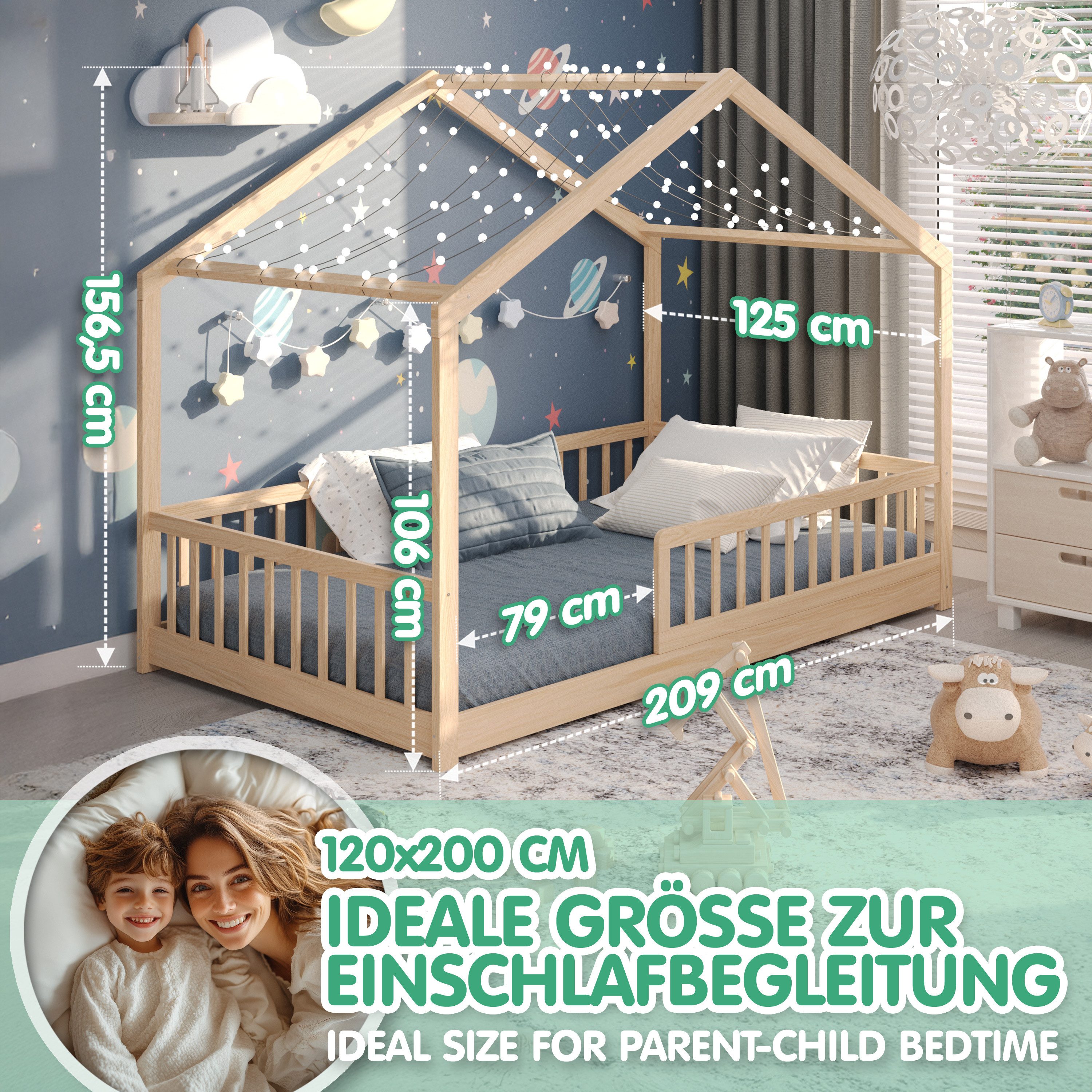 CADANI Kinderbett Malte Hausbett Bodenbett - Rausfallschutz abnehmbar - bis 200 kg (120x200 cm, Montessori Kinder- & Jugendbett aus Kiefer Massivholz), inkl. st – Bild 3 von 5