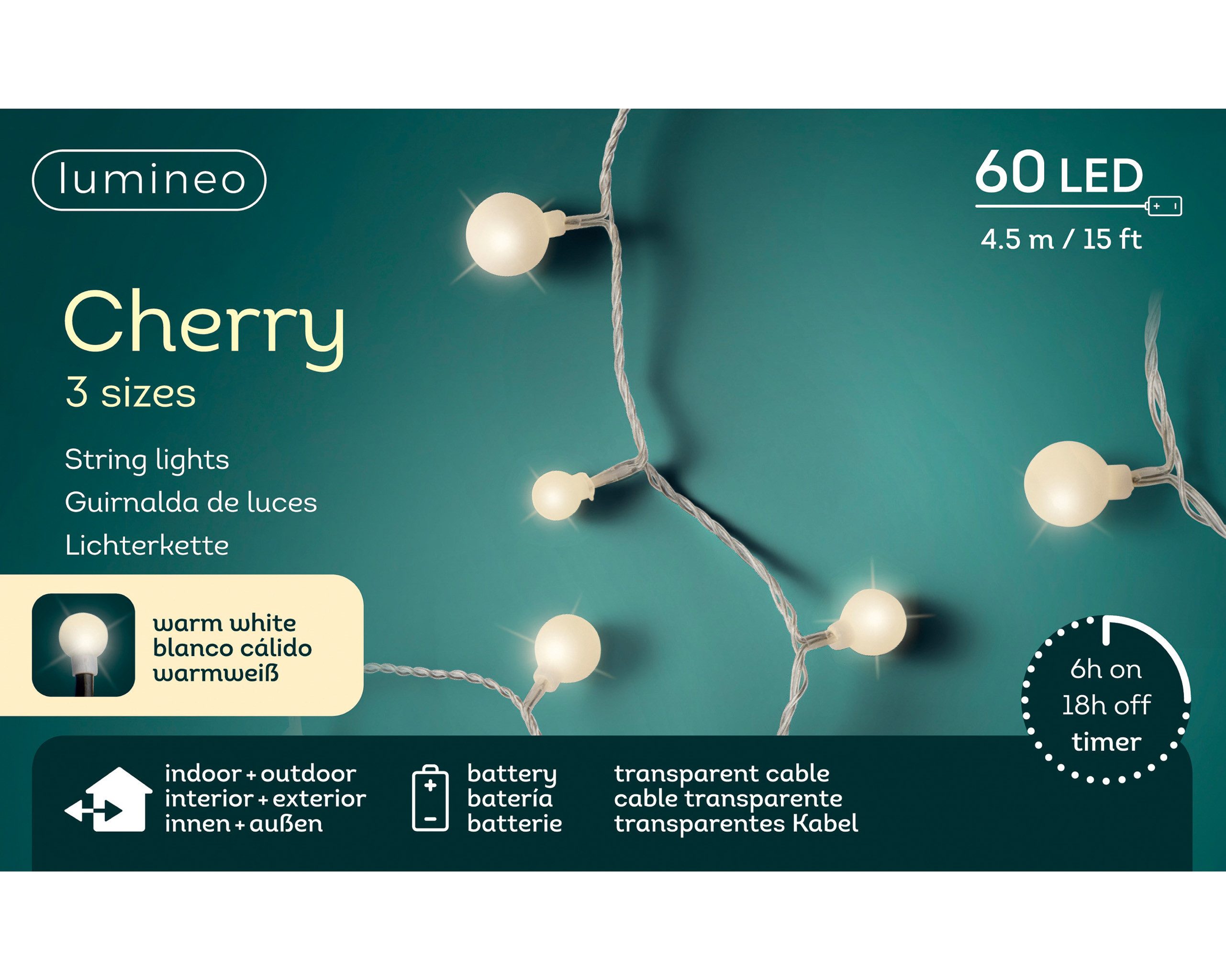 Lumineo LED-Lichterkette, LED Lichterkette Cherry 4,5m Batterie 60 LEDs Warmweiß / transparent
