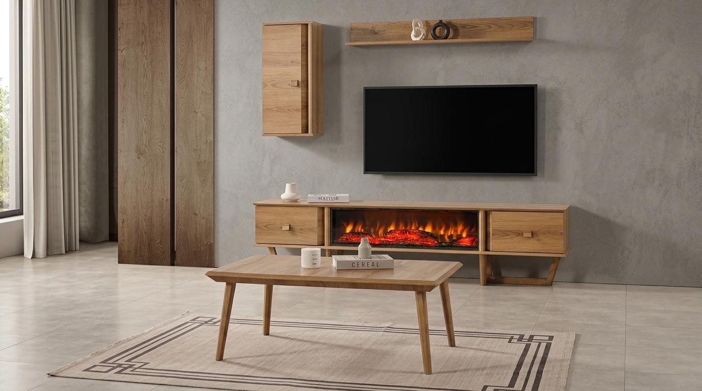 JVmoebel Sideboard Deko Kamin Sideboard Regal Stil modern Farbe braun Wohnwand (4 St), Made in Europa
