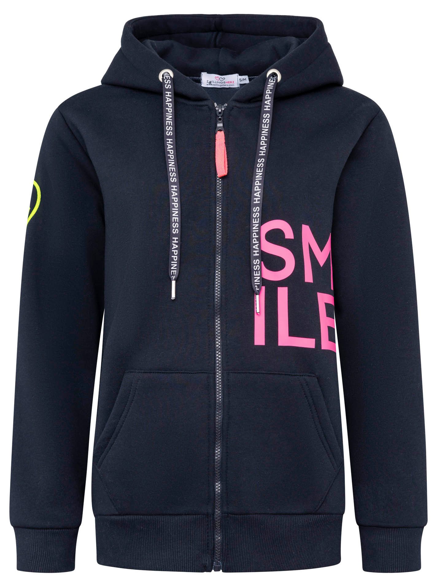 Zwillingsherz Kapuzensweatjacke "Alissa" mit SMILE, gesticktem Herz am Arm und Reißverschluss