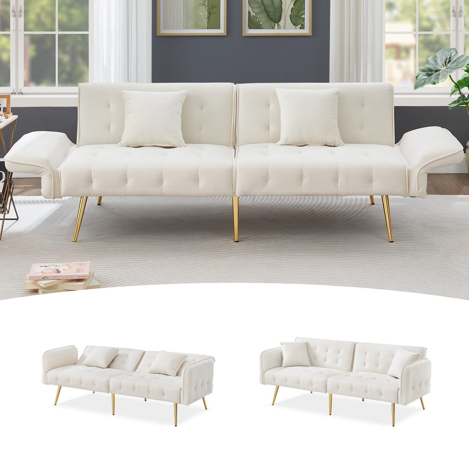 ANYSUN Schlafsofa Zweisitzer Sofa mit Bettfunktion,verstellbarer Rückenlehne, Bettsofa,Klappsofa,Gästebett, verstellbarem Winkel, Modernes Faltsofabett für Wohnzimmer,goldenen Beinen