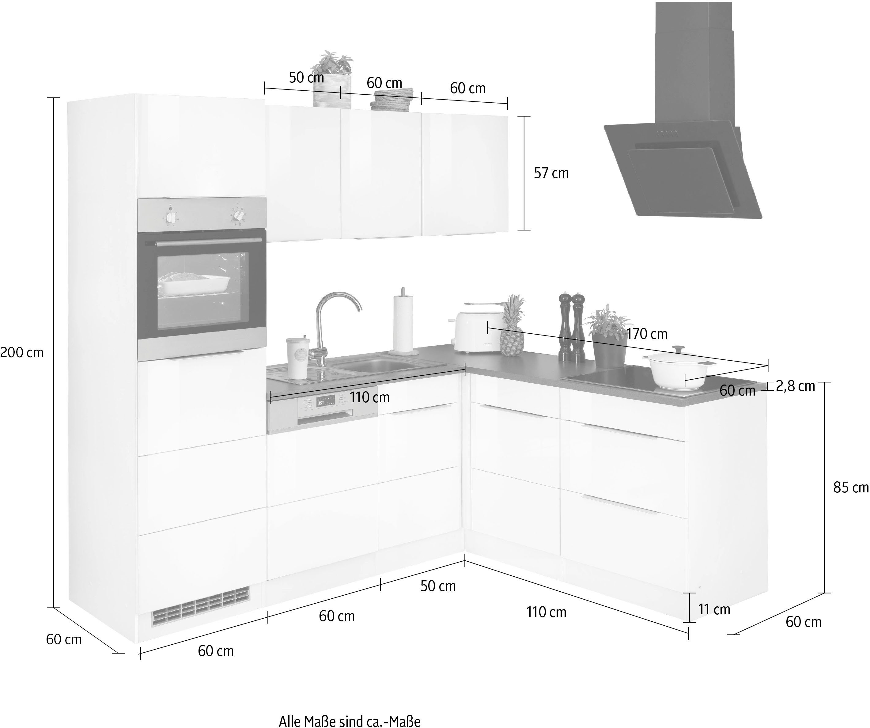Brindisi, grafit | HELD weiß cm E-Geräten, 230/170 MÖBEL mit Stellbreite Hochglanz/grafit Winkelküche