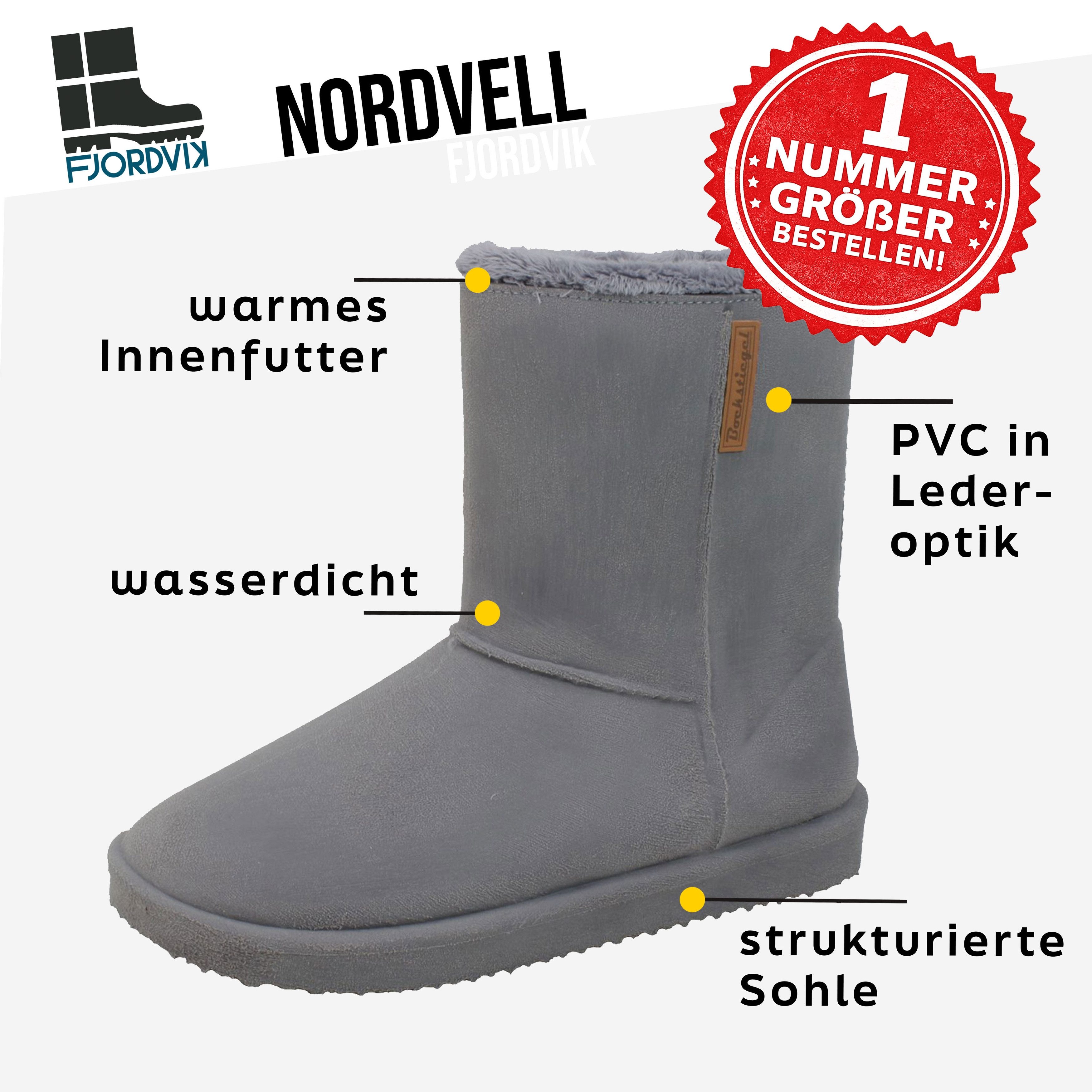 Fjordvik NORDVELL Damen-Winterboots – weiche Felloptik Felsgrau, Gr. 39 Gummistiefel (Wetterfeste Stiefel für Spaziergänge, Regenphasen und Waldwege) Weiches Warmfutter bietet Schutz vor Kälte bei nassen Herbstwegen