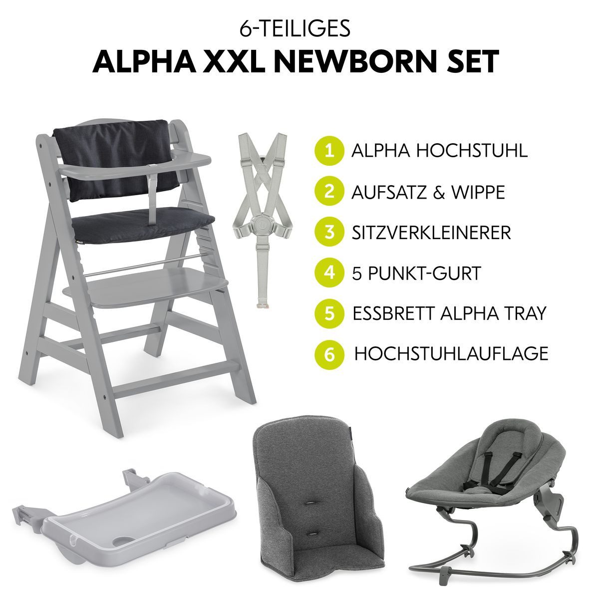 Hauck Hochstuhl Alpha Plus Grey XXL Newborn Set, Babystuhl ab Geburt, Aufsatz für Neugeborene, Essbrett, Sitzauflage